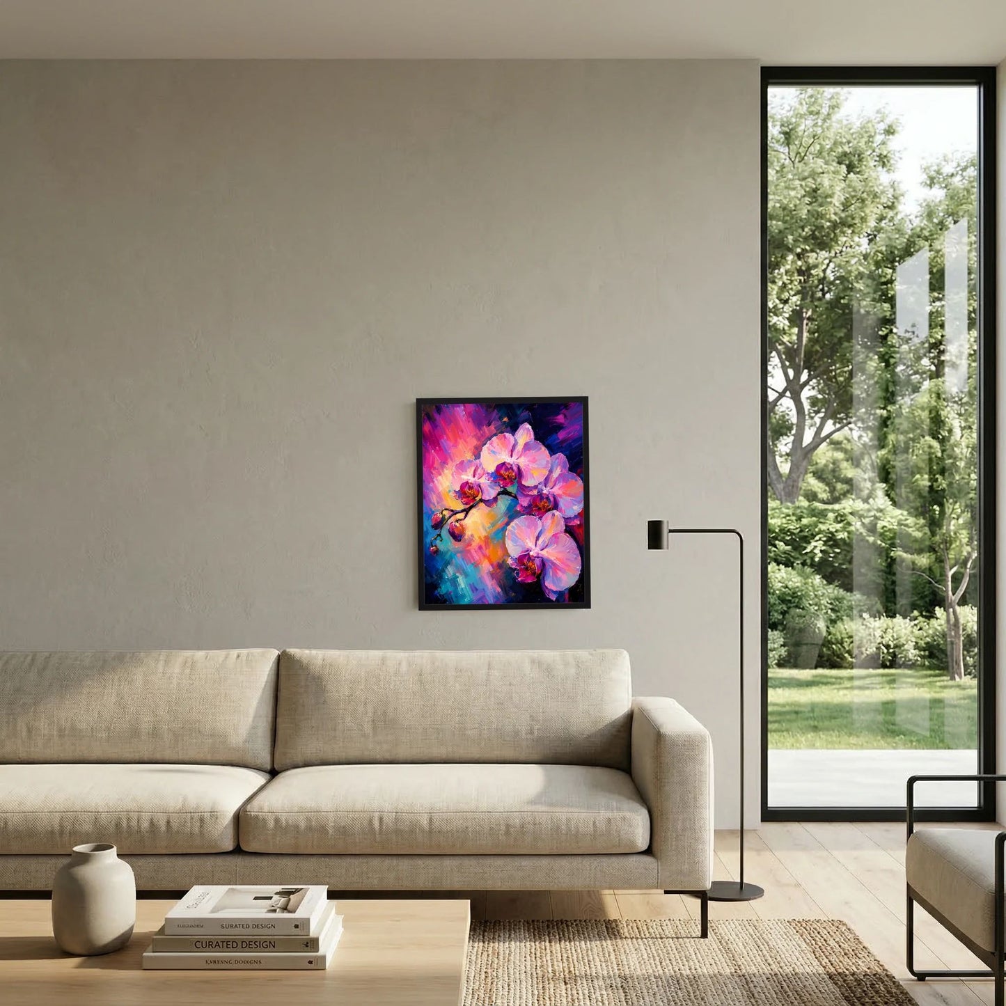 Wand-Kunstposter mit abstrakten rosa Orchideenblüten in kräftigen Blau‑Lila‑Farben