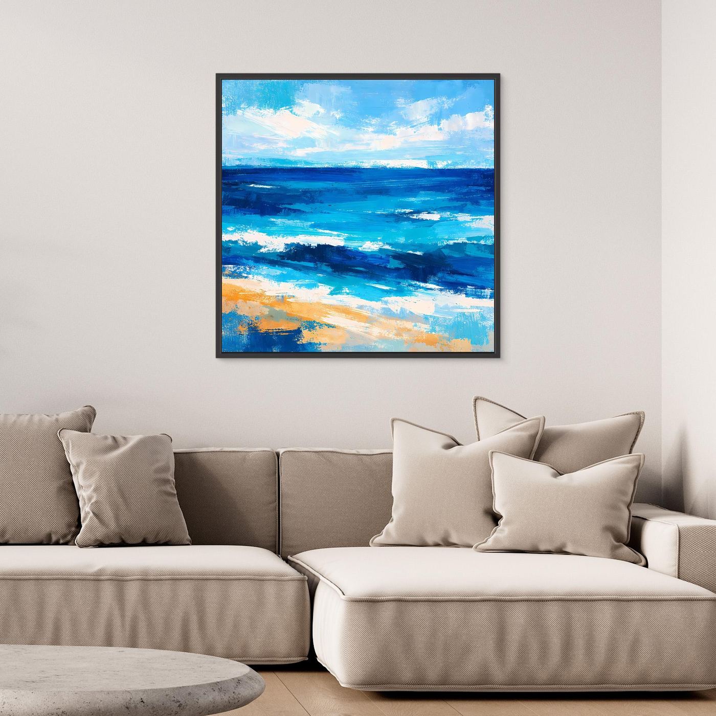 Abstract ocean canvas wall art with blue wave strokes and a dark frame border