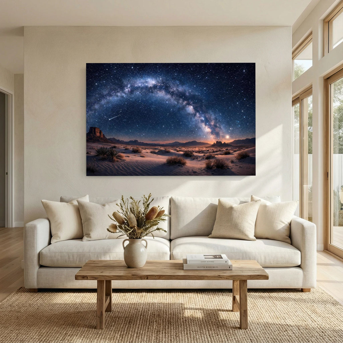 Wandbild: Wüstenlandschaft unter der Milchstraße, klarer Sternenhimmel im Querformat.