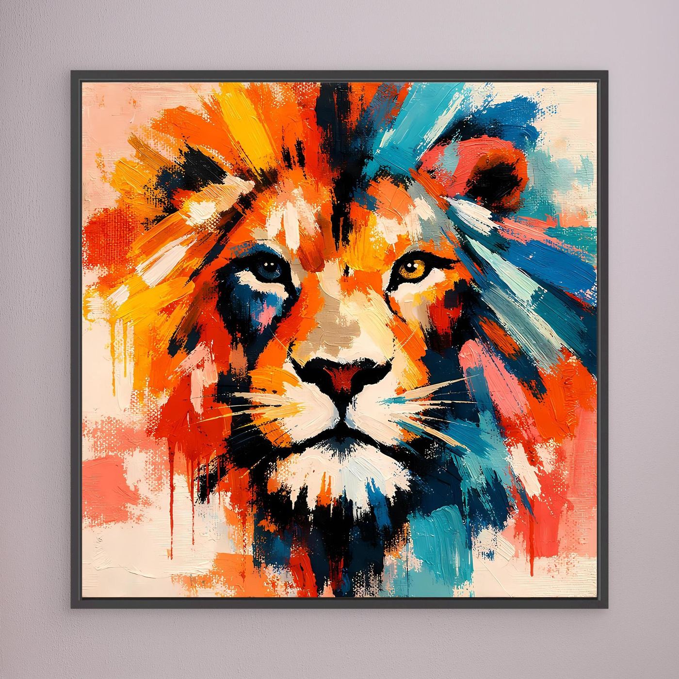 Abstraktes Löwenkopf-Leinwandbild, orange und blau, schwarz gerahmt, quadratisch