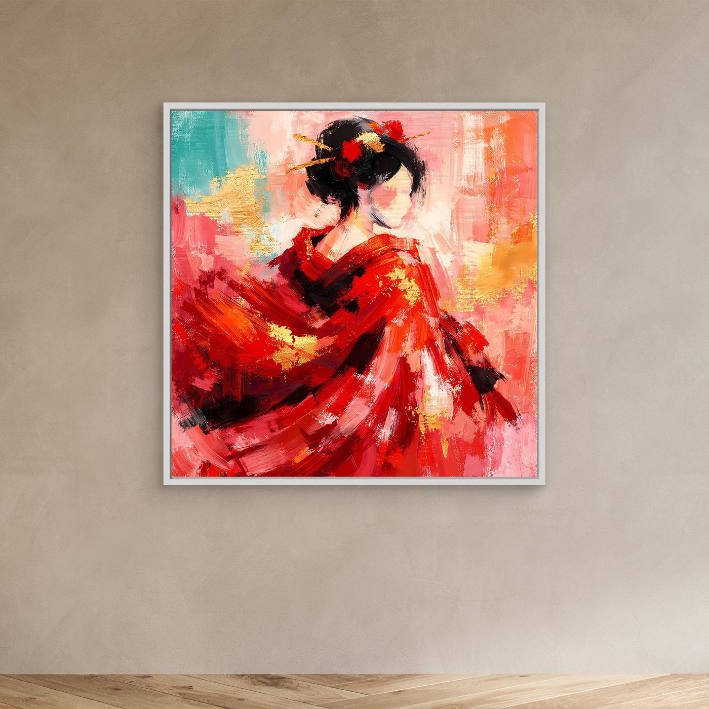 Leinwandbild mit Geisha-Porträt in Rot und schwarzem Haar, mit hellen Rahmen