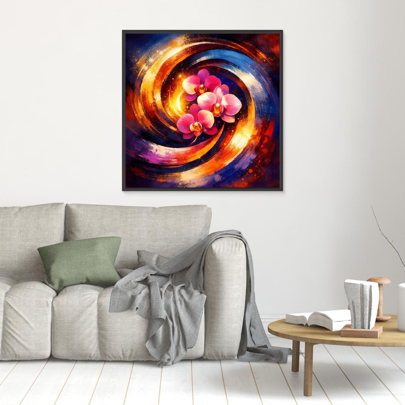 Abstraktes Leinwandbild mit pinken Orchideen und bunten Spiralen, schwarz gerahmt