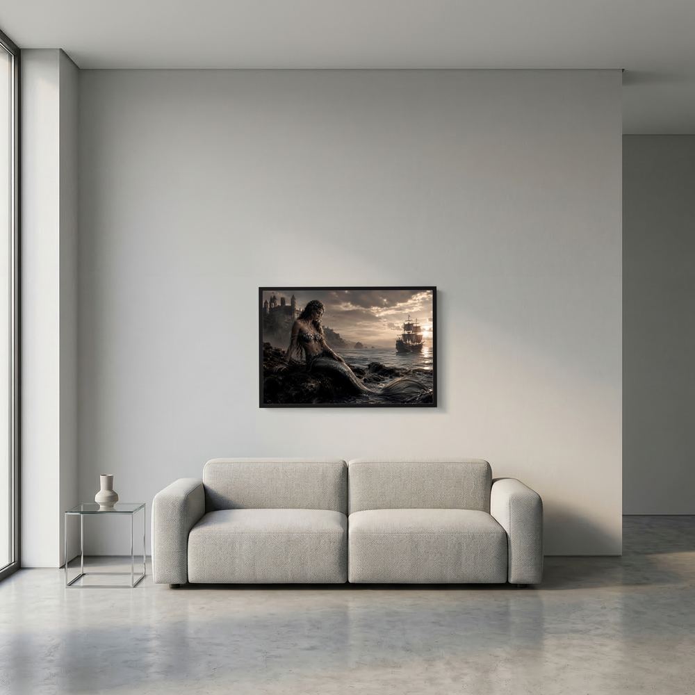 Wandbild mit Meerjungfrau am Strand und Segelschiff, klein, schwarz gerahmt