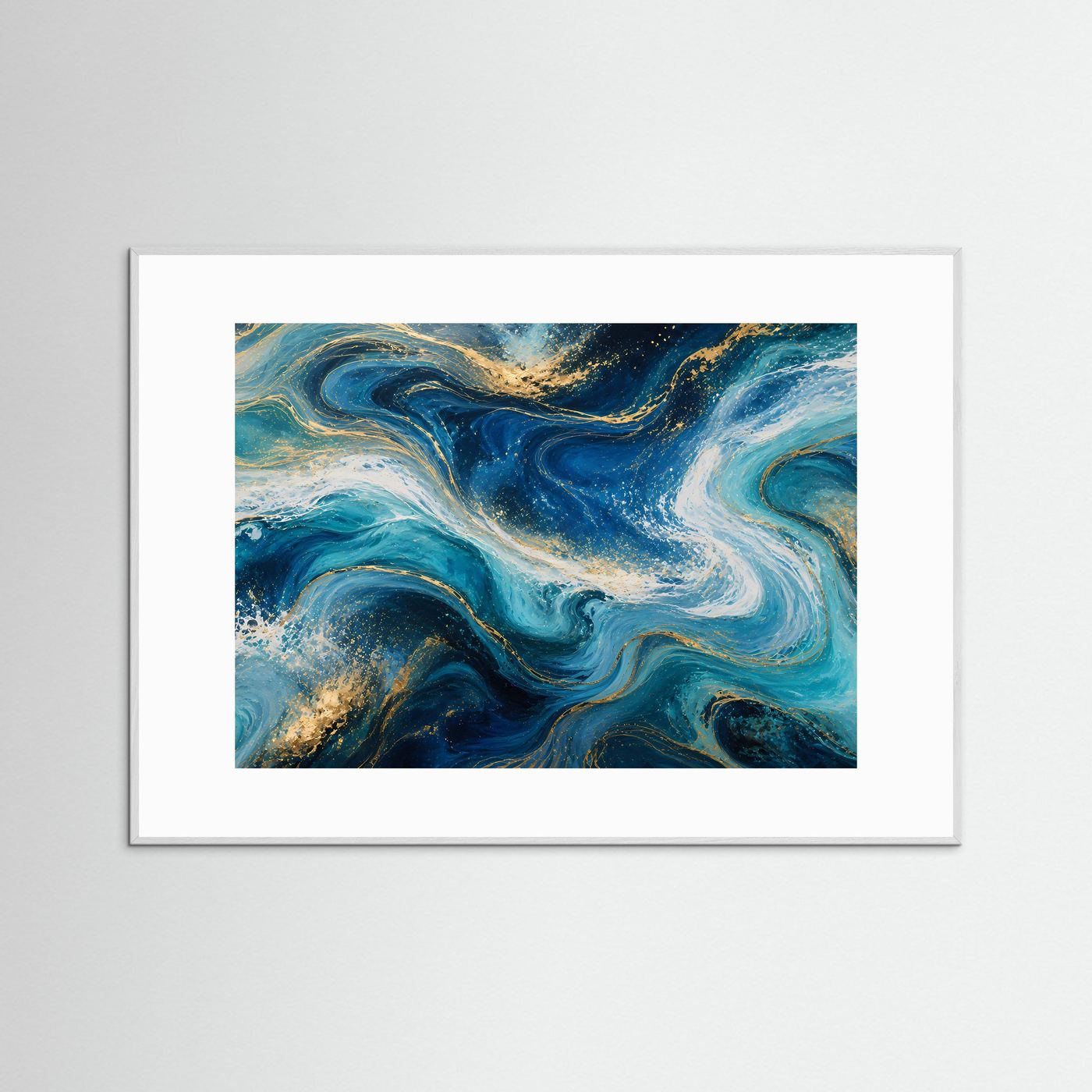 Abstrakte Meereswellen Poster | Ozean Wandbild in Blau Gold | Moderne Fluid Art | Luxuriöse Küstenkunst | Leinwand Wohnzimmer
