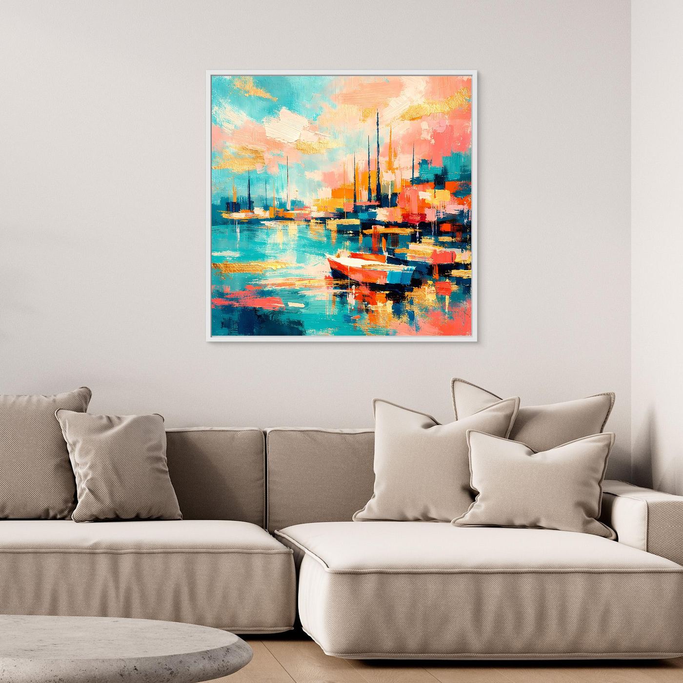 Leinwandbild mit abstraktem Hafenbecken-Motiv im dunklen Rahmen, Boote am Wasser