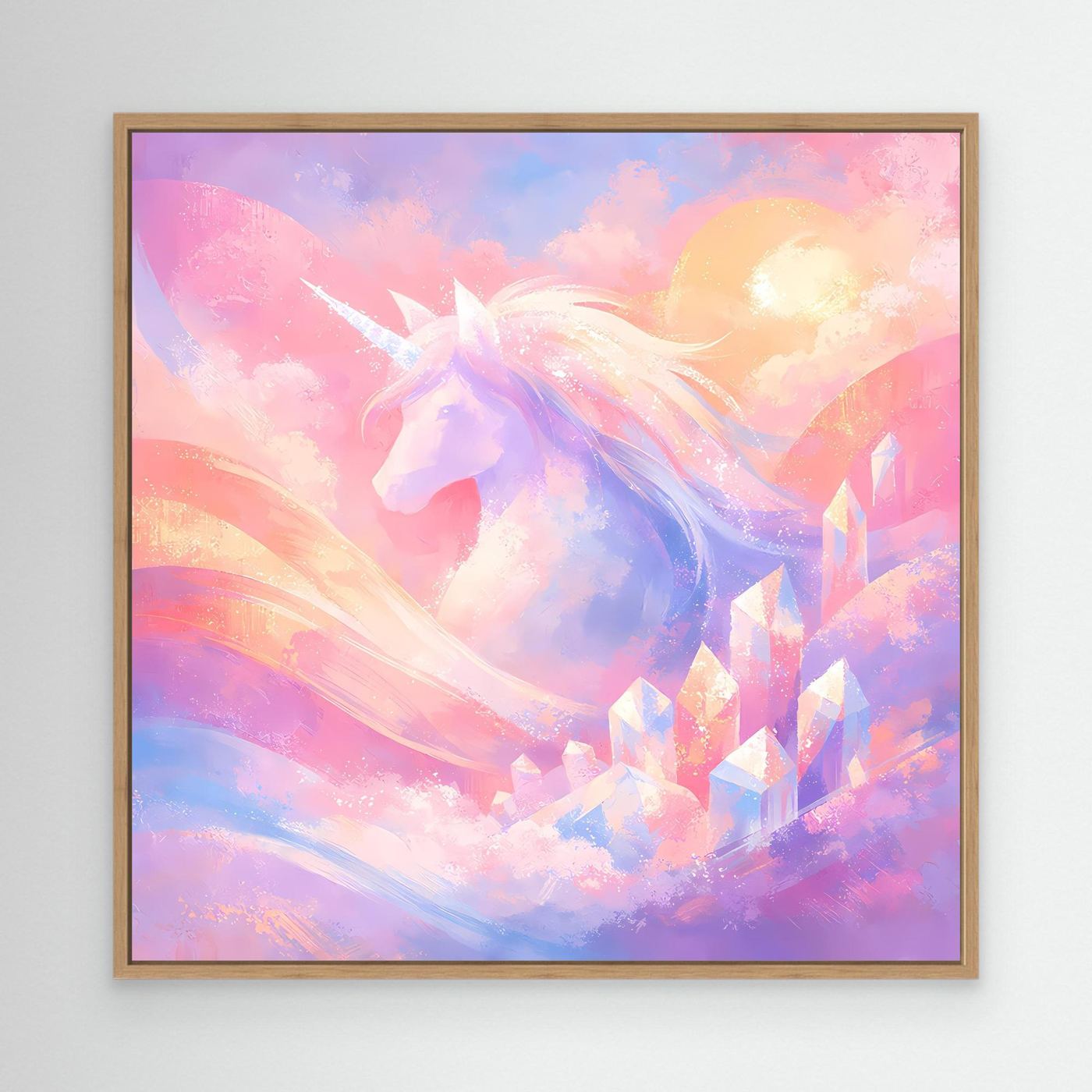 Leinwandbild mit pastellfarbenem Einhorn im abstrakten Fantasy-Design, Eichenrahmen