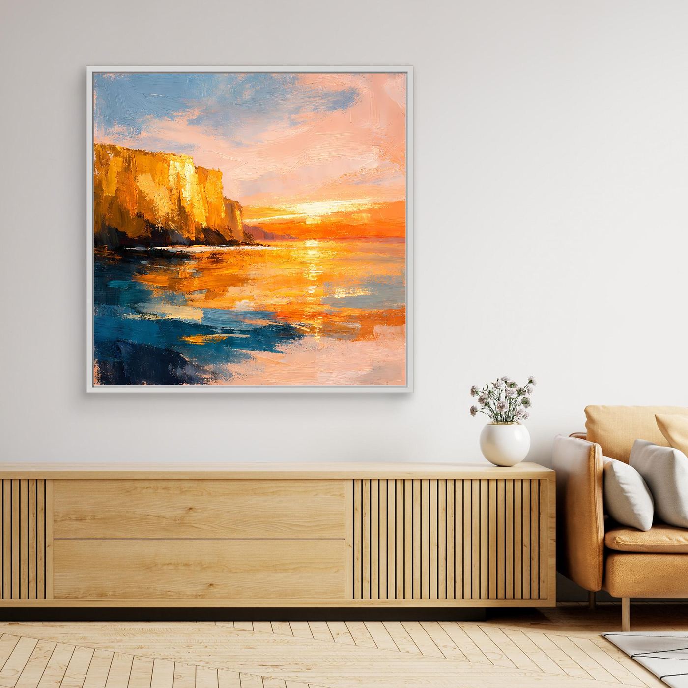 Leinwand Goldener Sonnenuntergang an der Steilküste | Abstraktes Meeres Wandbild