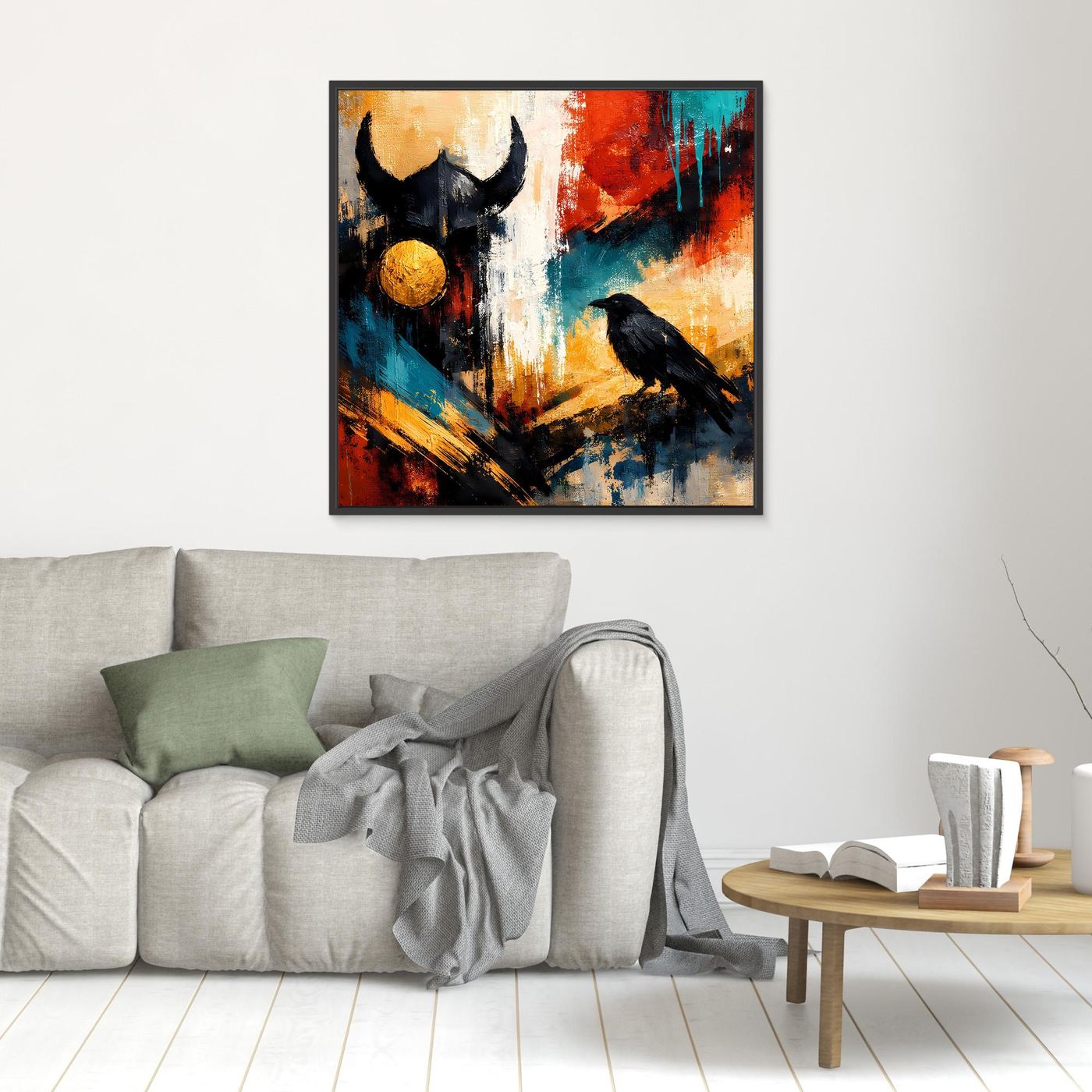 Gerahmtes Wandbild mit Wikingerhelm, goldener Kugel und Rabe auf farbigem abstraktem Hintergrund