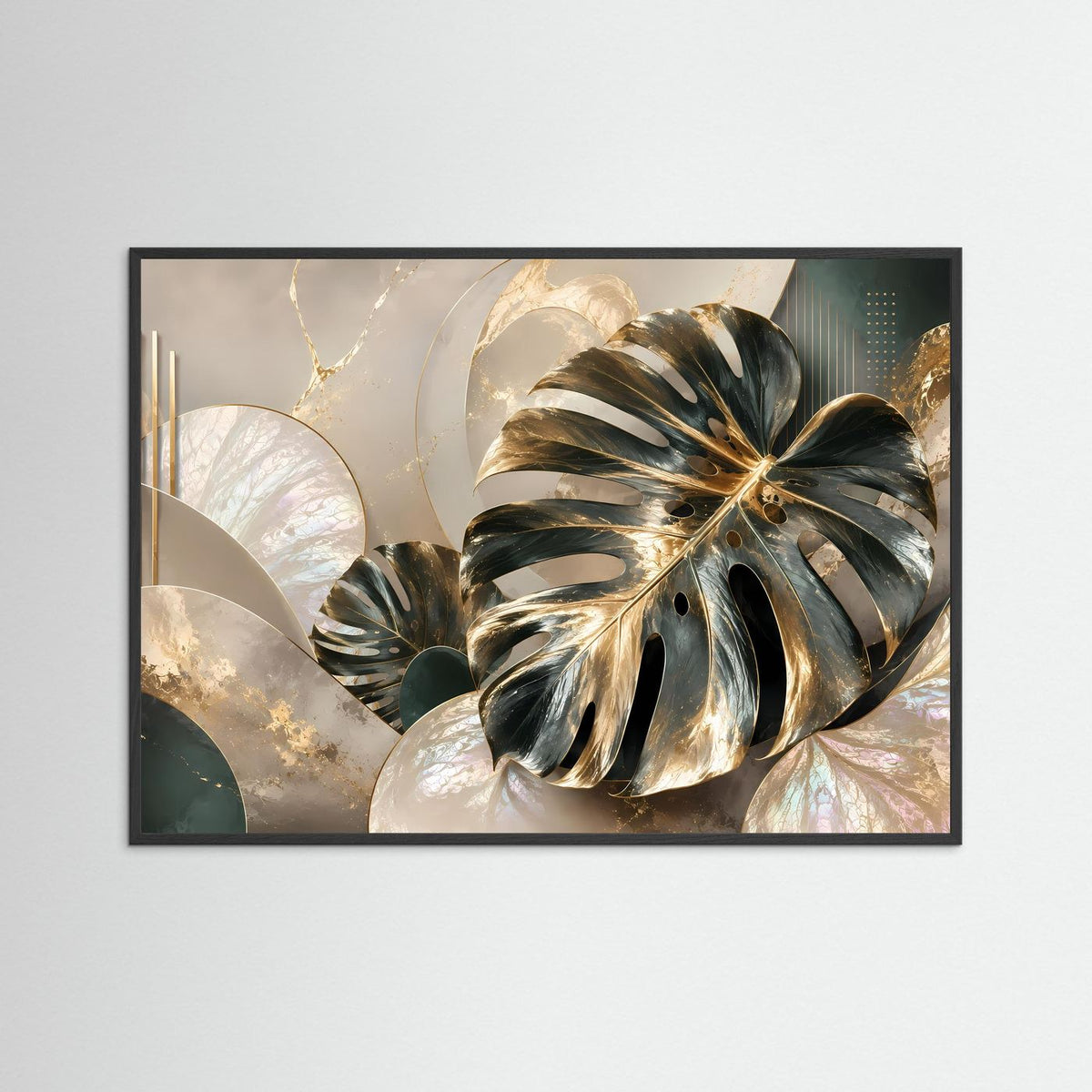 Querformat-Poster mit goldenen Monstera-Blättern, im schwarzen Rahmen