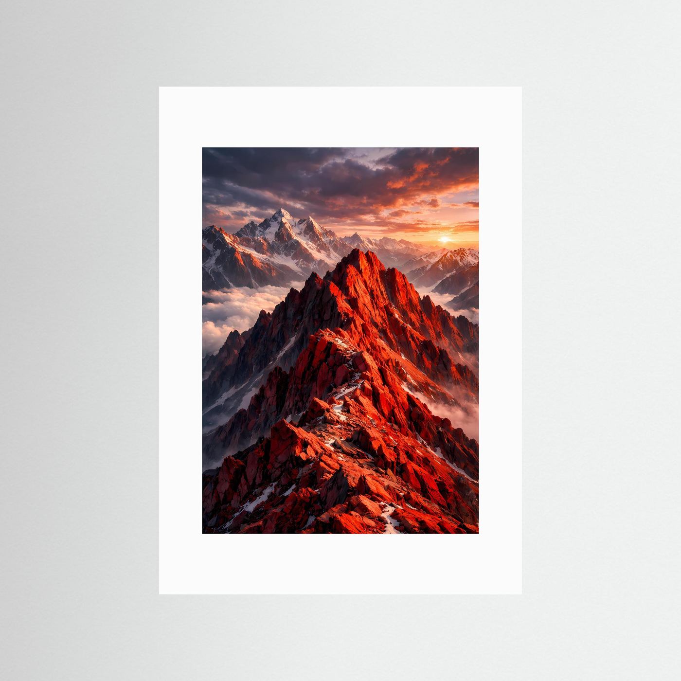 Bergposter im Hochformat mit weißem Passepartout: rote Gipfel bei Sonnenuntergang