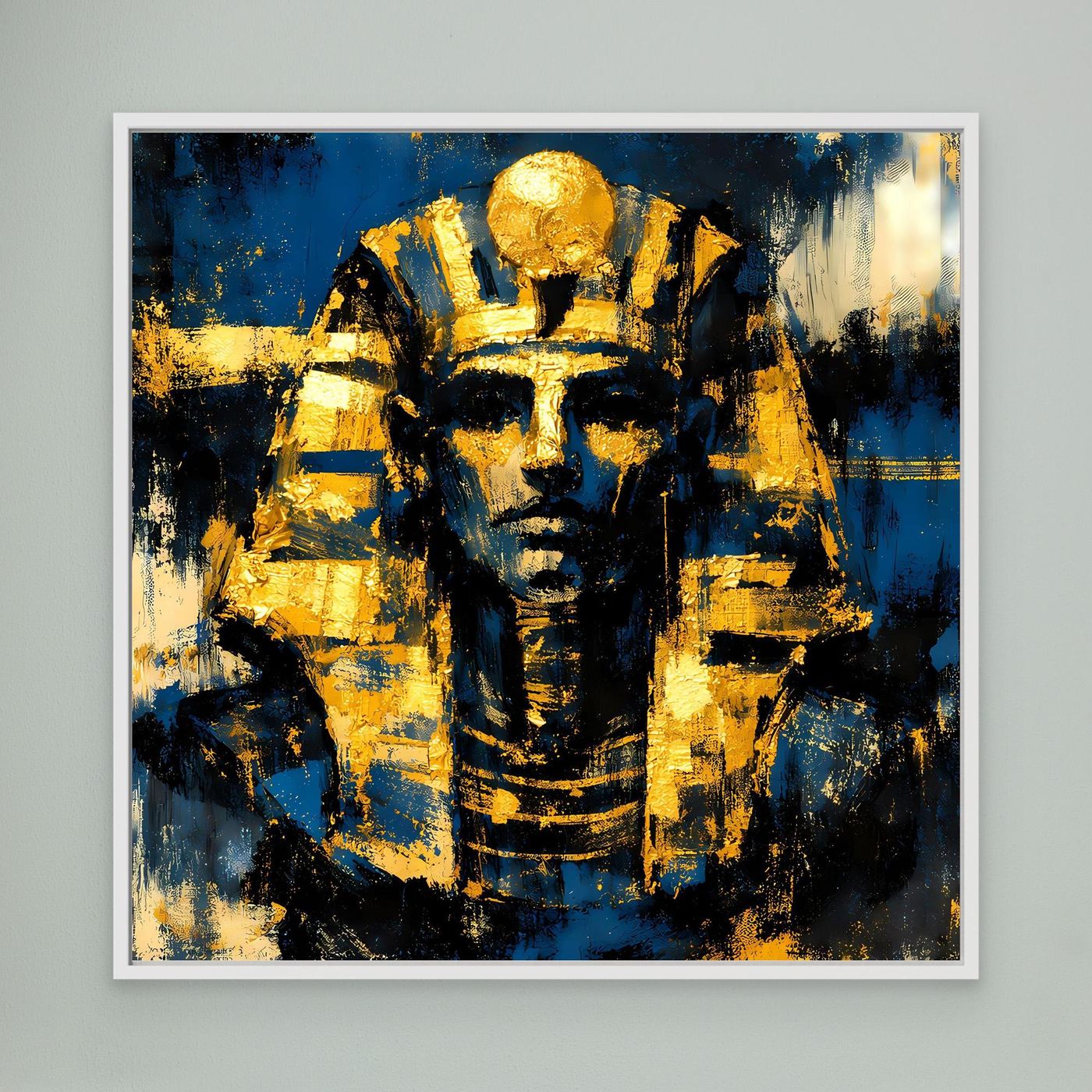 Ägyptisches Wandbild mit Pharao-Maske, goldene Akzente, weißer Rahmen