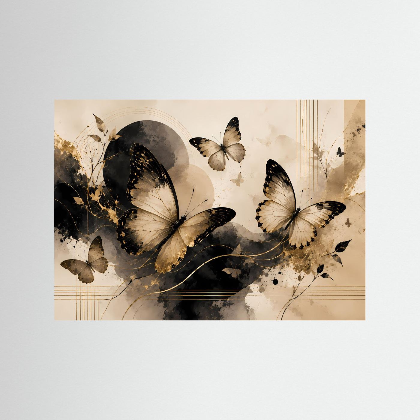 Querformat-Poster mit abstrakten Schmetterlingen in Schwarz, Beige und Gold