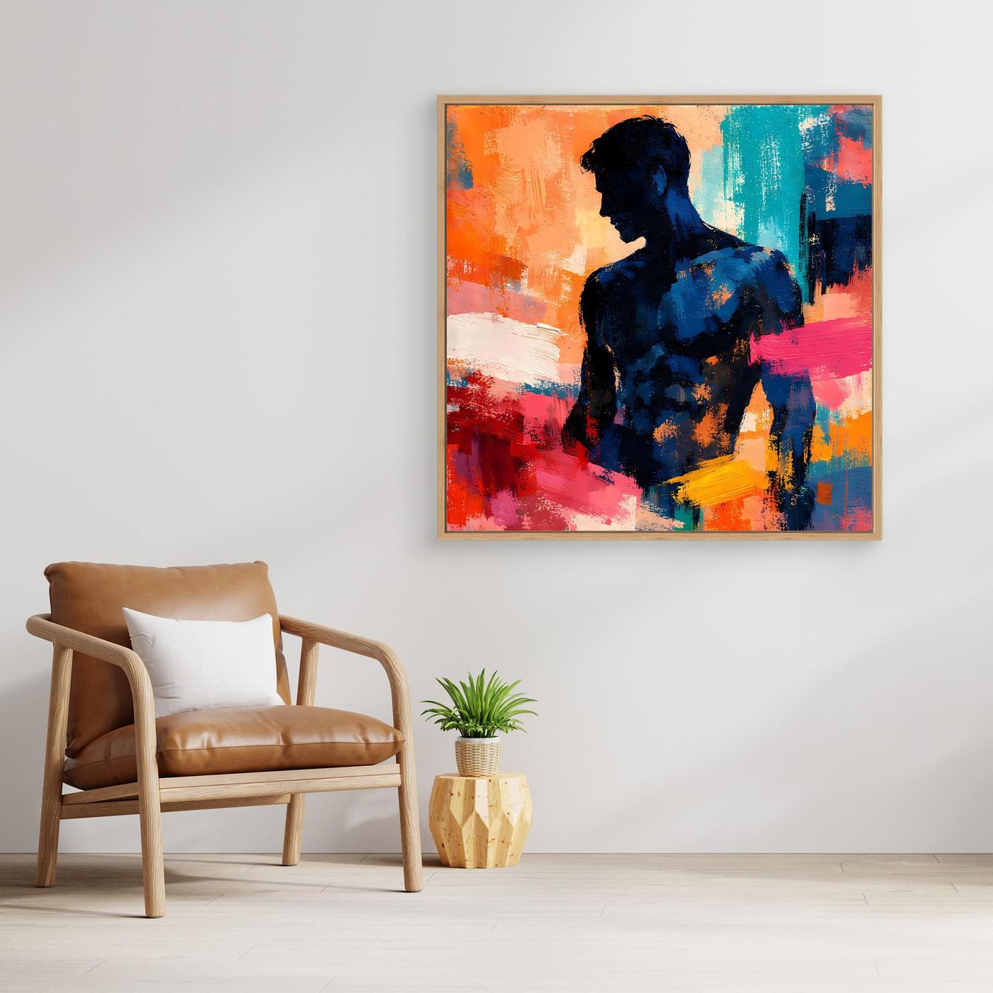 Abstraktes Leinwand-Wandbild mit maskuliner Silhouette, bunte Farbflecken, Rahmen in Holzton
