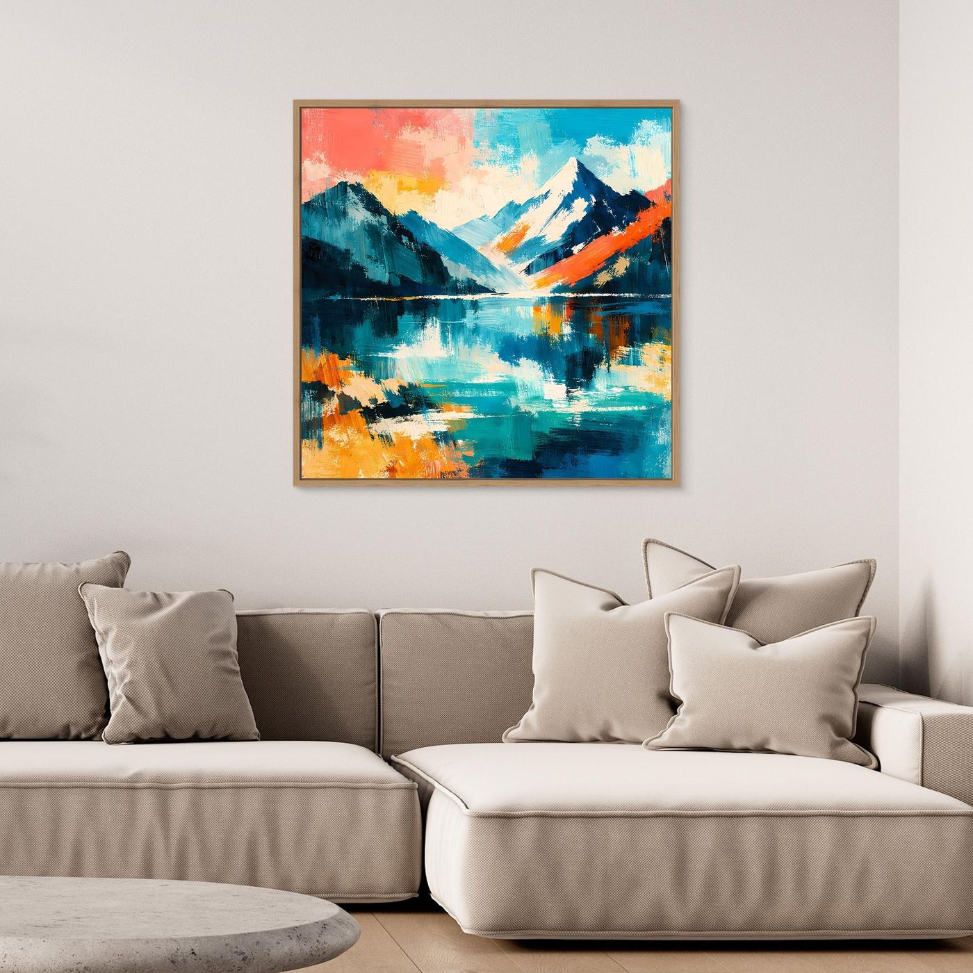 Gerahmtes Leinwandbild: abstrakte Bergwelt am See mit Spiegelung, Blau, Türkis und Orange