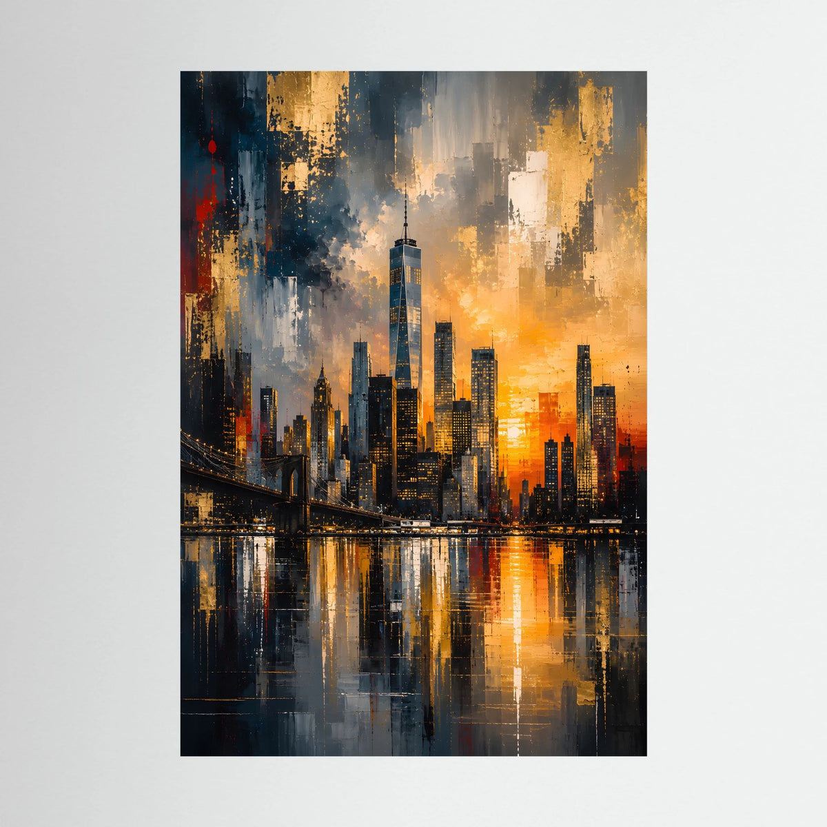 Poster mit abstrakter Skyline und Spiegelung in Gold, Schwarz und warmem Orange