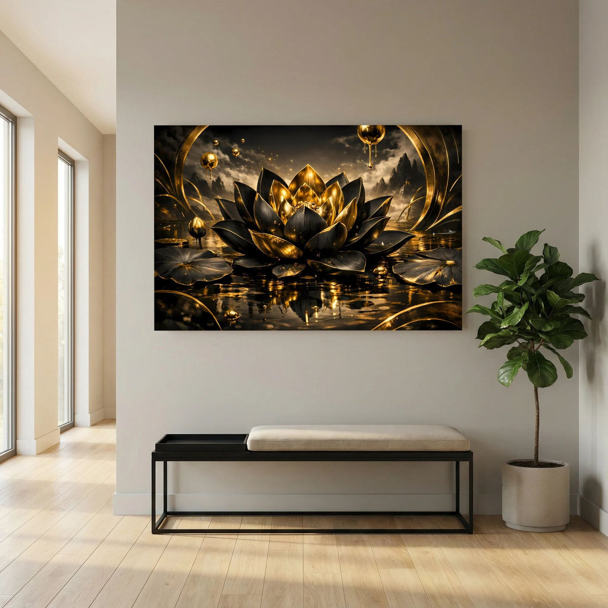 Wandposter mit gold-schwarzer Lotusblüte, goldenen Ringen und Spiegelung im Wasser, Querformat