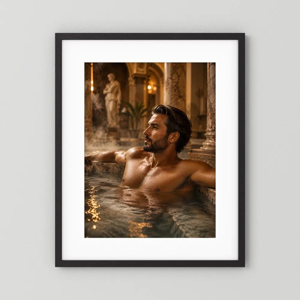 Poster im schwarzen Rahmen mit weißem Rand: Mann im Thermalbad, seitliche Pose