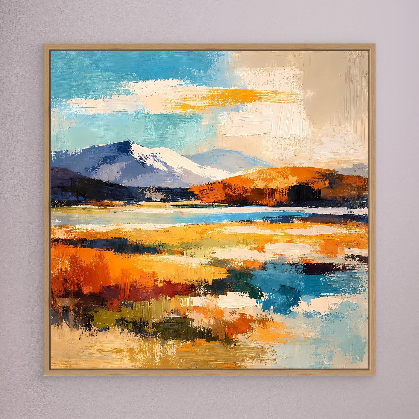 Abstraktes Leinwandbild mit Bergen, See und Farbflecken in Blau/Orange; Holzrahmen
