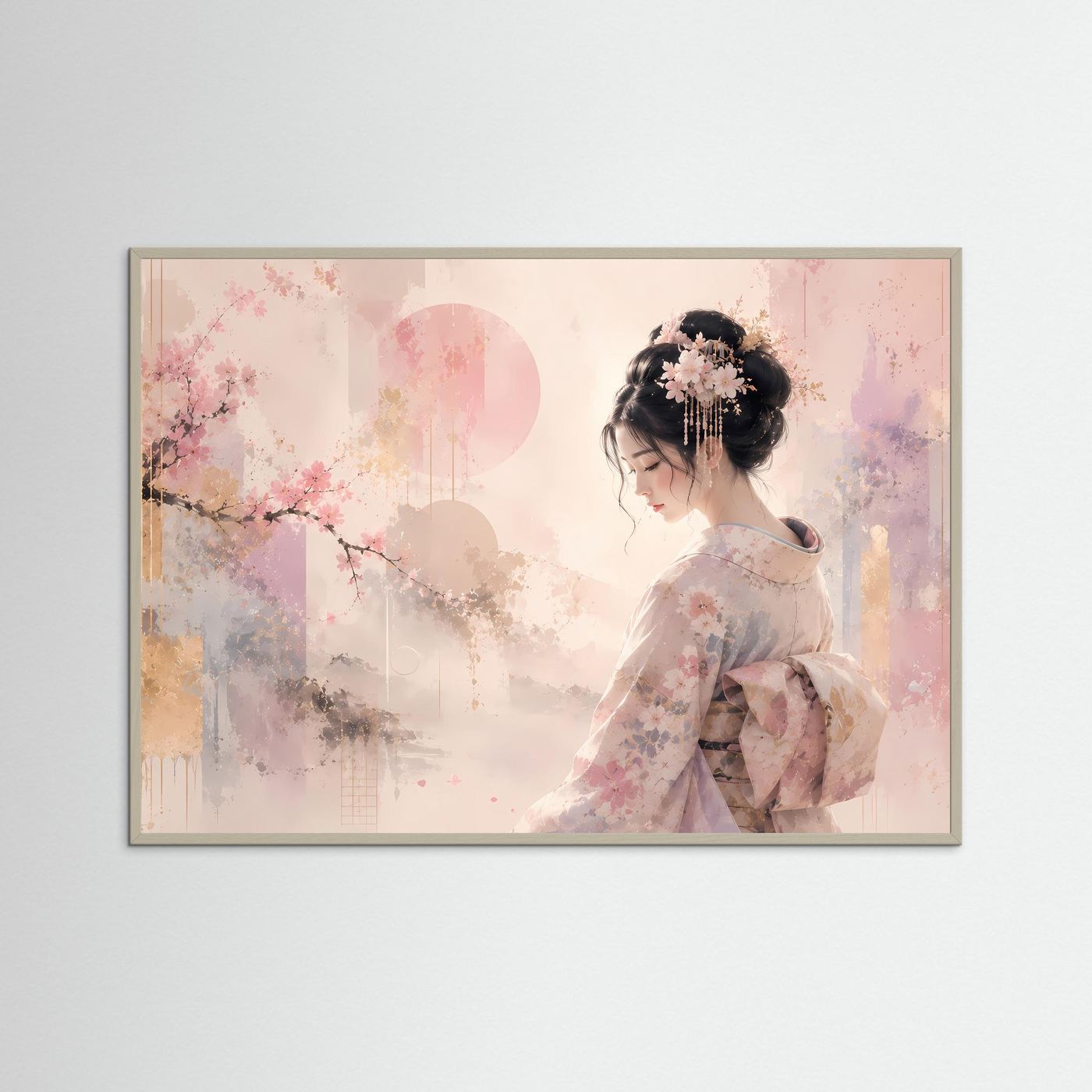 Japanische Geisha mit Kirschblüten | Elegante Pastell Kunst