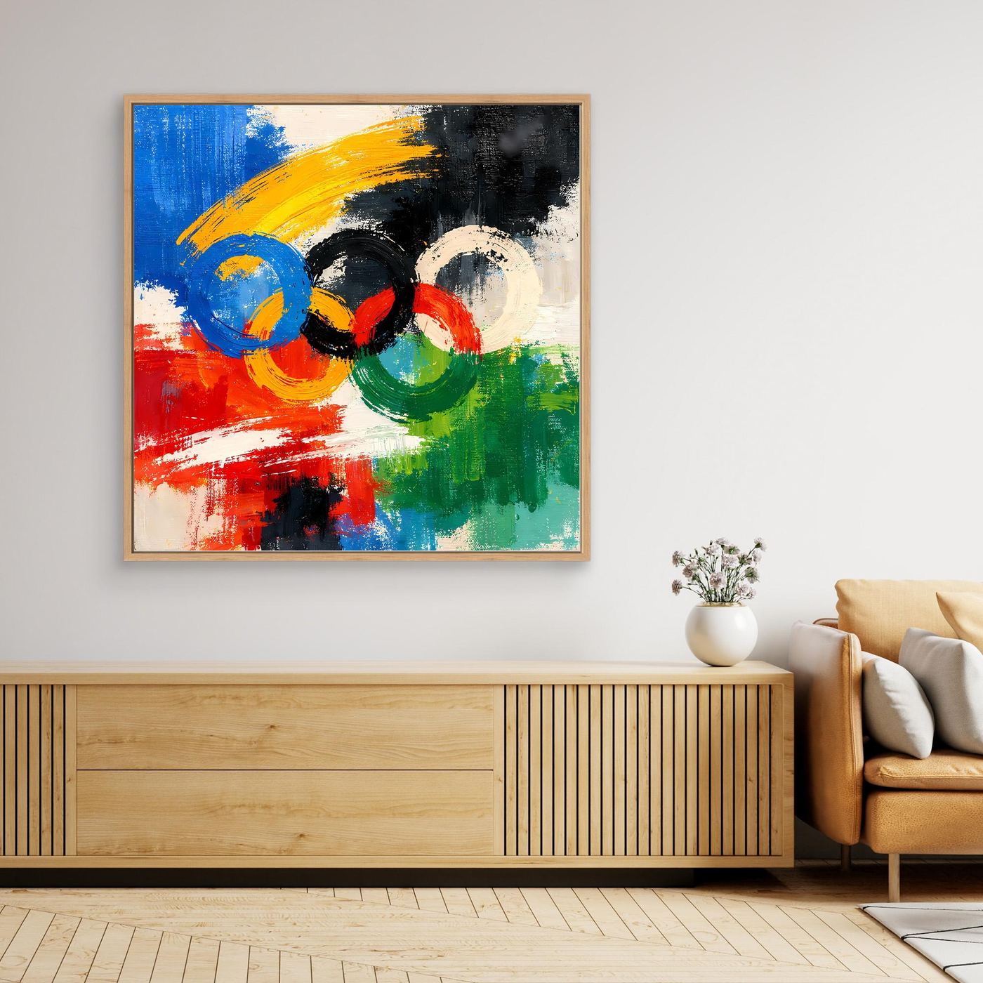 Leinwandbild mit abstrakten Olympischen Ringen in Blau, Gelb, Grün und Rot, mit goldbraunem Rahmen
