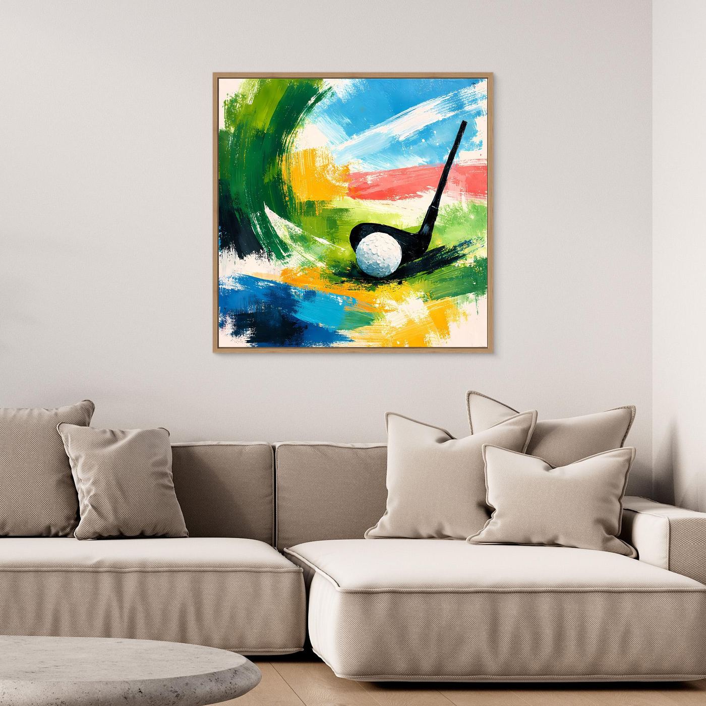 Abstraktes Leinwand-Wandbild mit Golfmotiv im goldenen Rahmen: schwarzer Schläger, grauer Ball