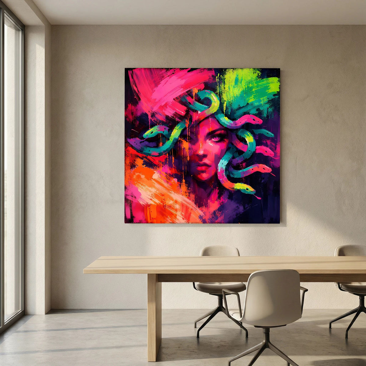Leinwandbild mit Medusenporträt in Neonpink, -grün und -orange, schwarzer Rahmen