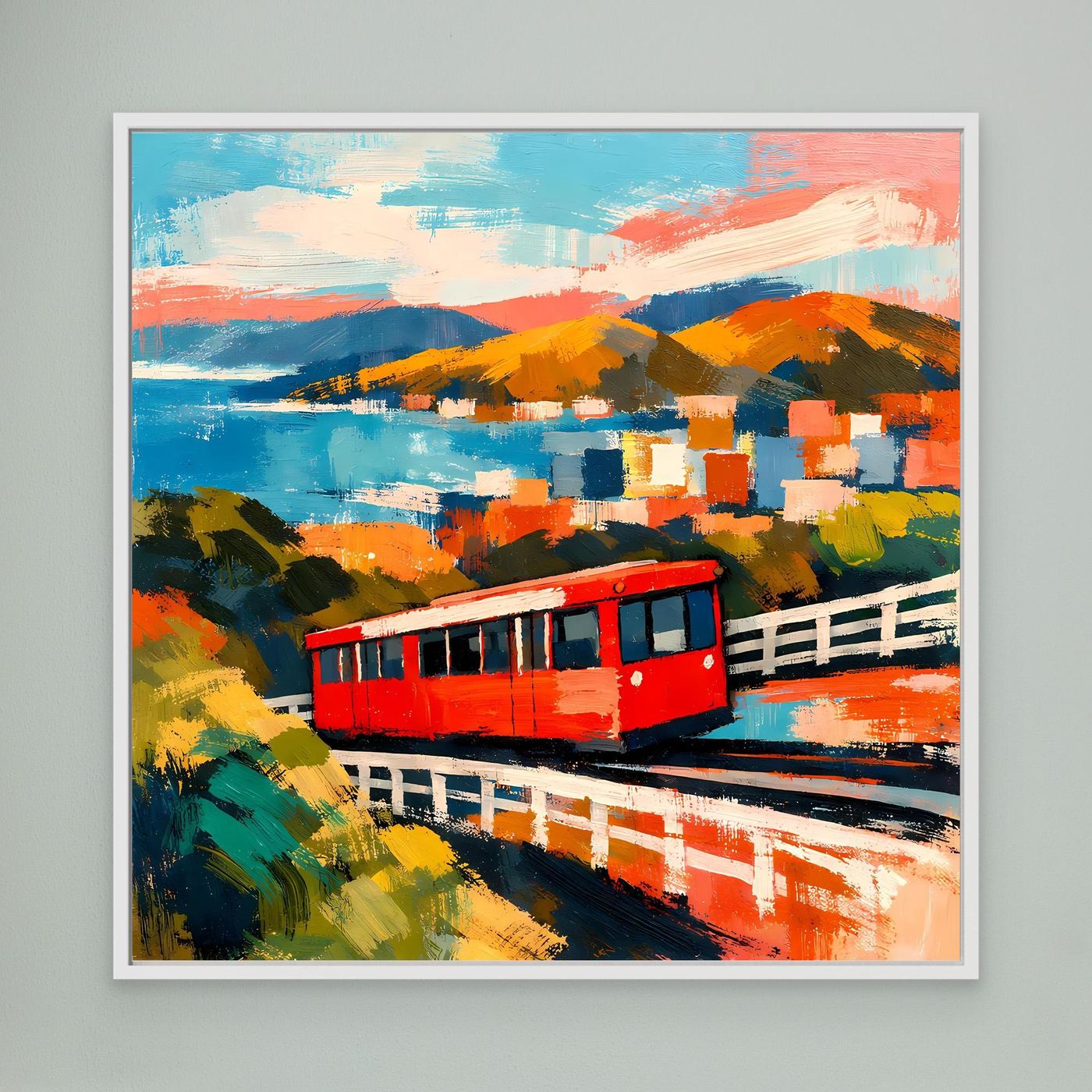 Gerahmtes abstraktes Wandbild mit roter Seilbahn und bunten Bergen über dem Meer