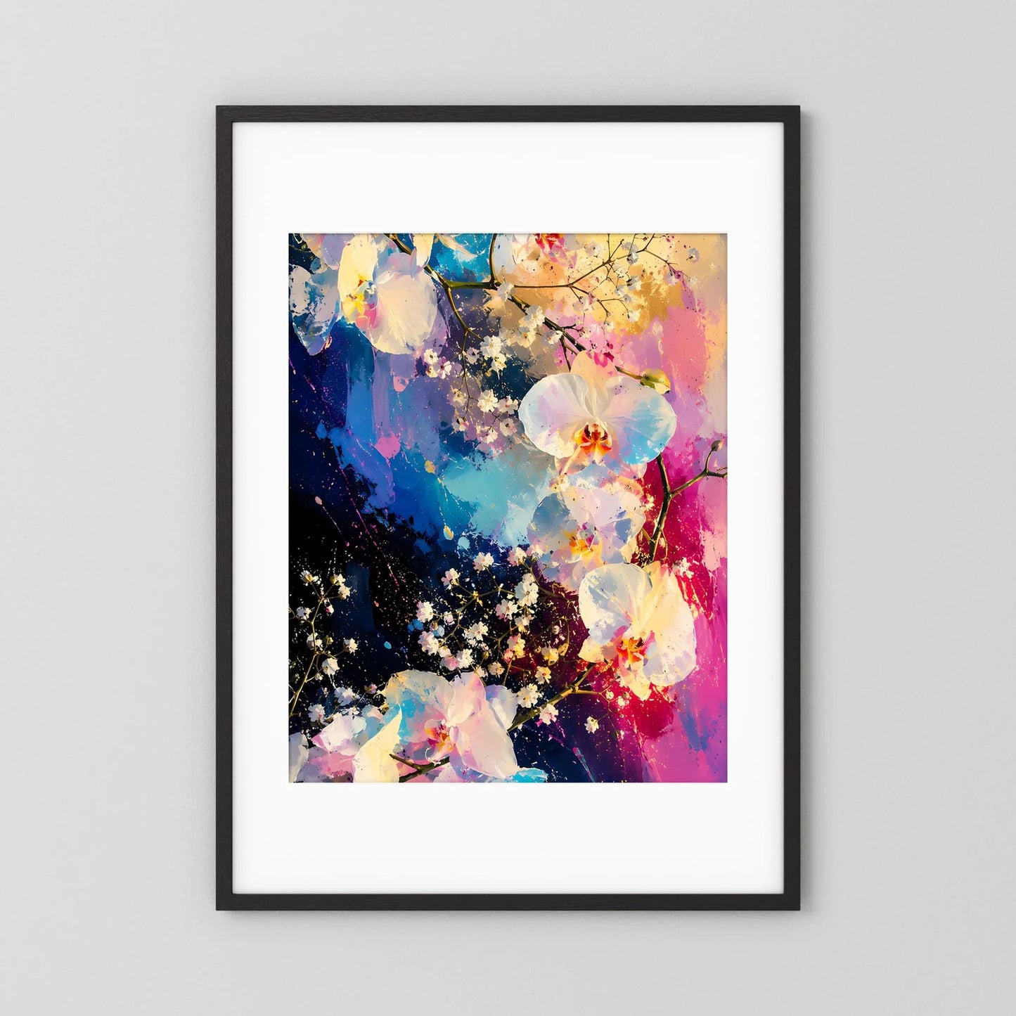 Poster Hochformat mit abstrakten Orchideen in Blau und Pink im schwarzen Rahmen