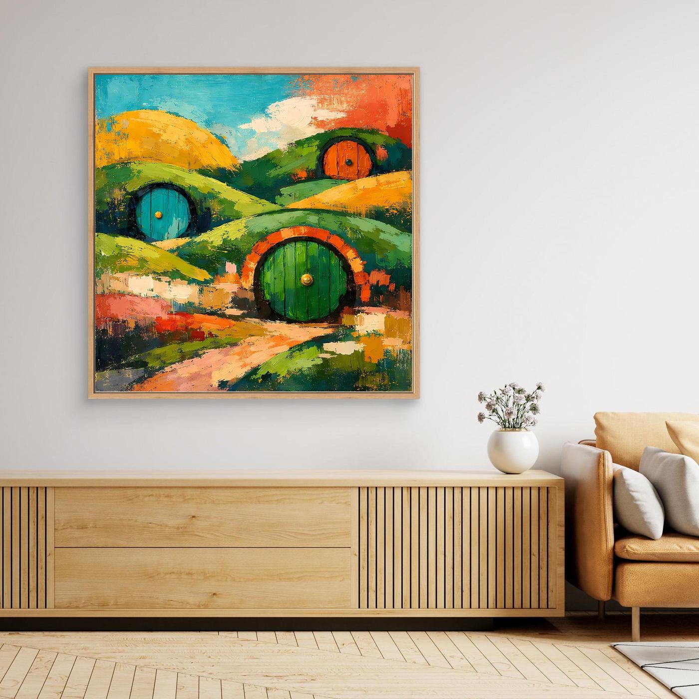 Abstraktes Wandbild auf Leinwand mit Holzrahmen: grüne Hügel und orangefarbene Gebäudeformen