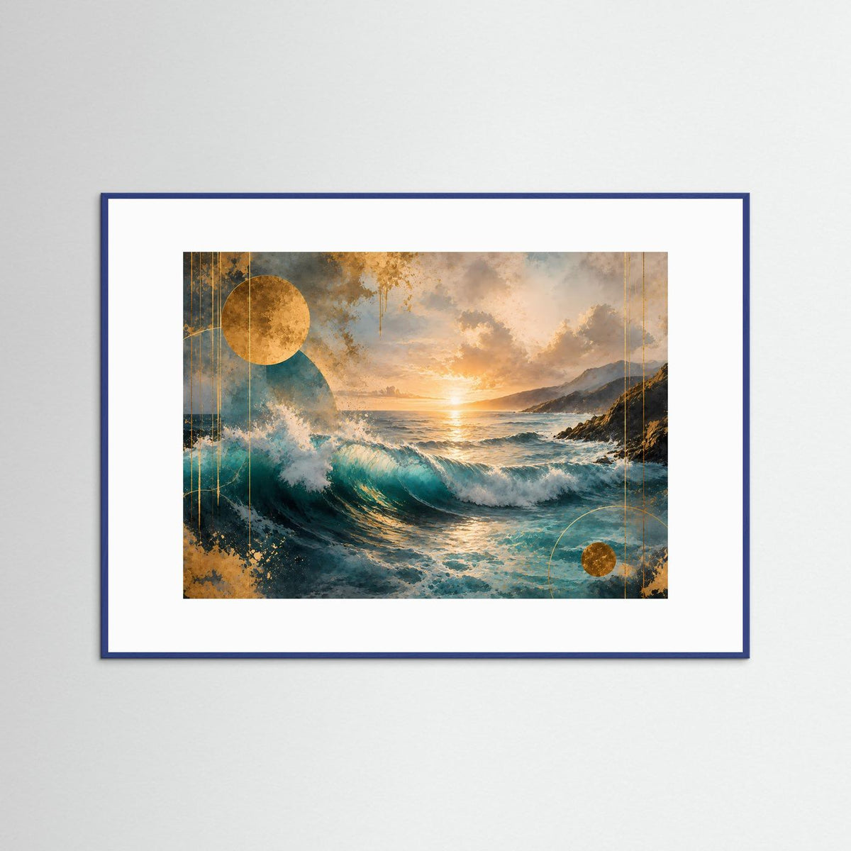 Gerahmtes Poster mit abstrakter Meereswelle bei Sonnenuntergang, Gold- und Blautöne, blauer Holzrahmen