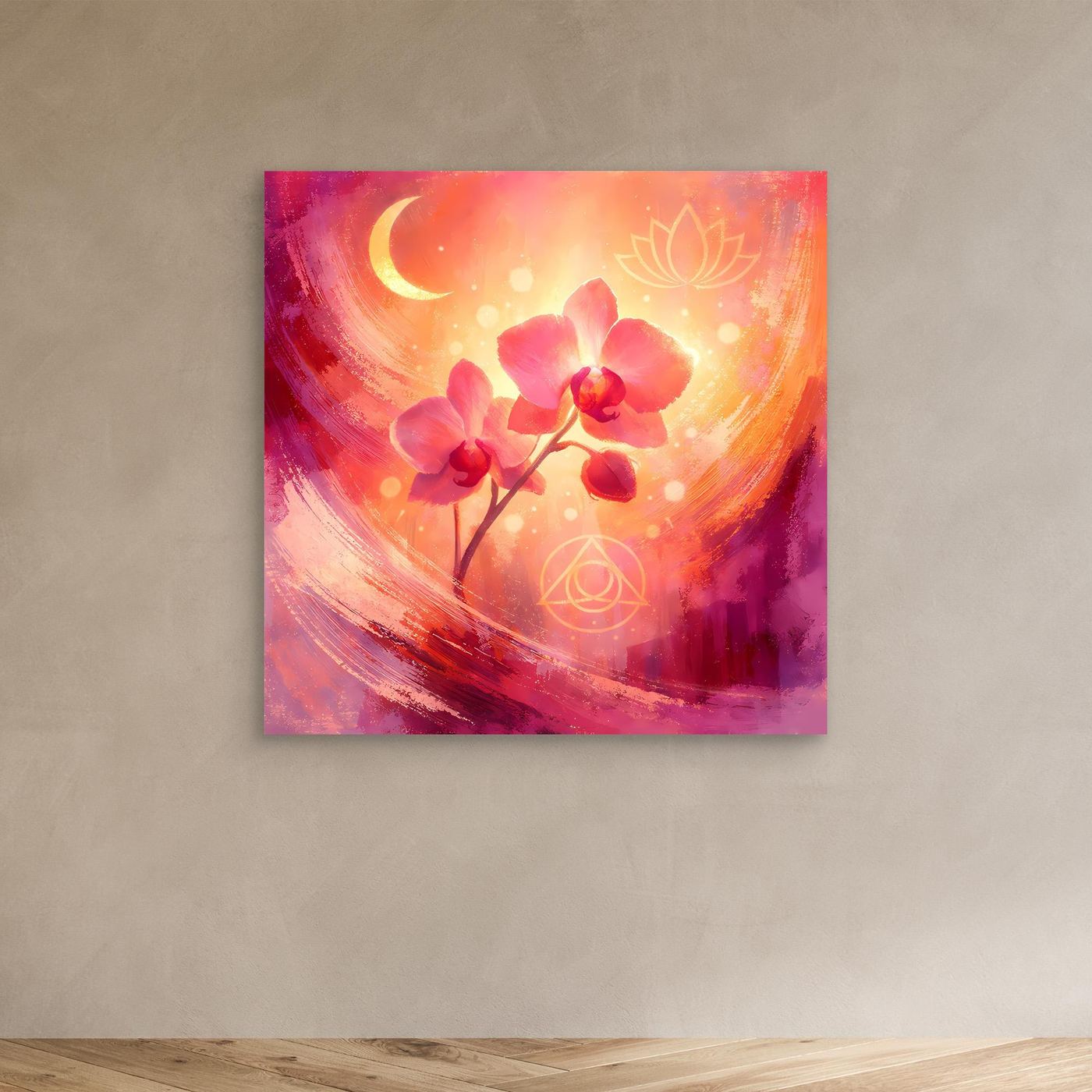 Abstraktes Leinwand-Wandbild mit Orchideenblüten, Mond und Lotus-Symbolen in Pink-Orange