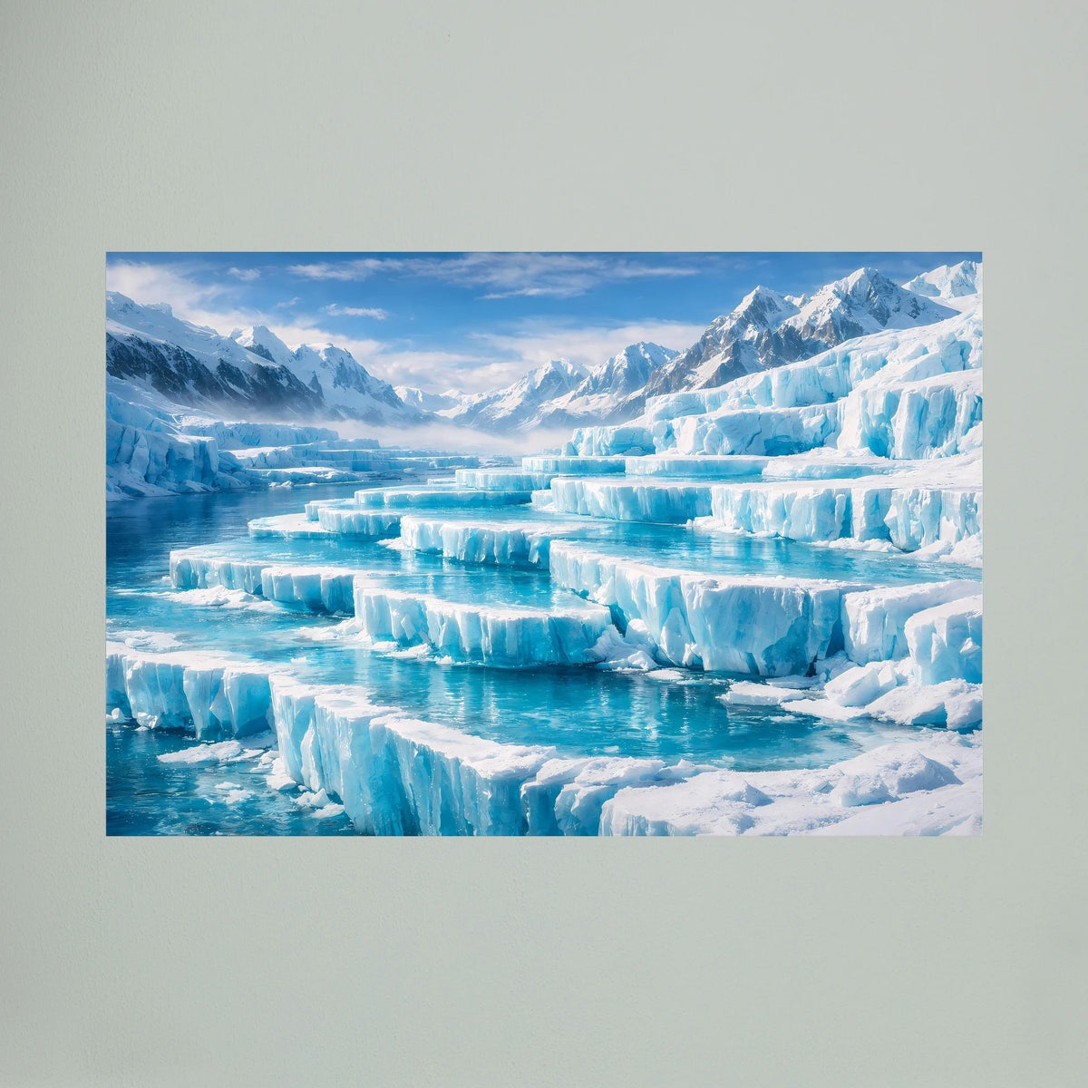 Gletscher-Wandbild mit blauem Eiswasser, schwebenden Eisblöcken und Bergkulisse