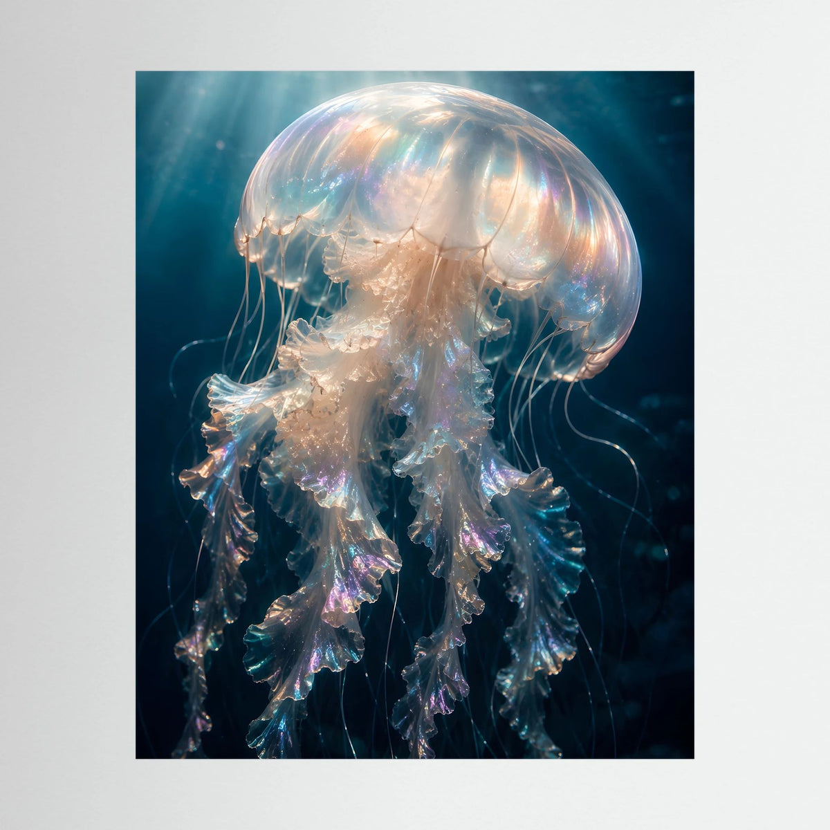 Hochformat-Kunstposter mit schwebender Qualle in Perlmutt, Blau und Rosé
