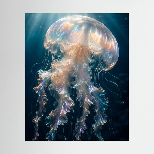 Hochformat-Kunstposter mit schwebender Qualle in Perlmutt, Blau und Rosé