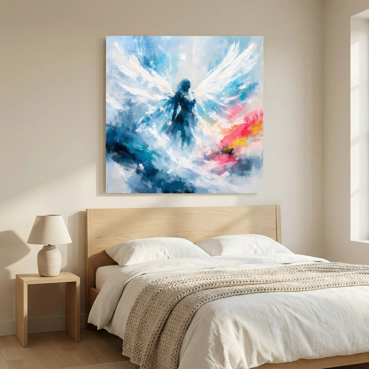 Quadratisches Leinwandbild auf Leinwand: abstrakter Engel in Blau, umgeben von Pastellrosa.