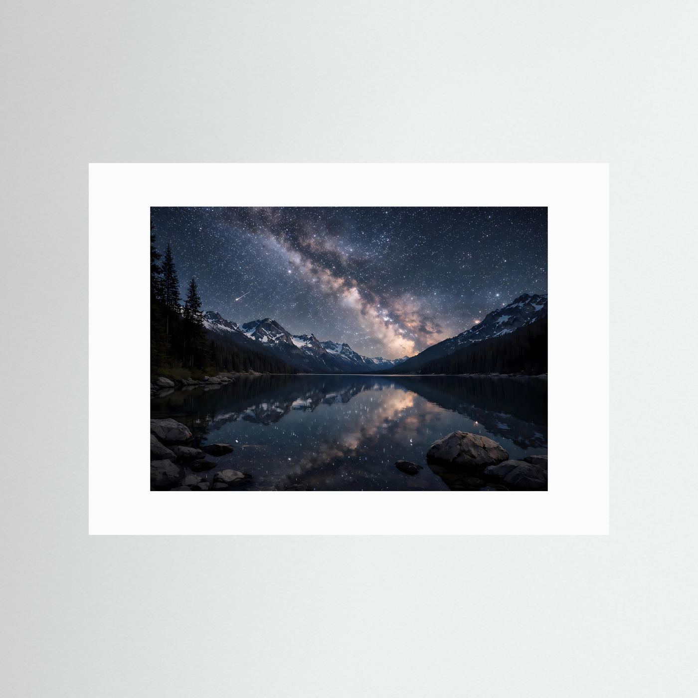Panorama-Poster mit Bergsee bei Nacht, weißer Rand