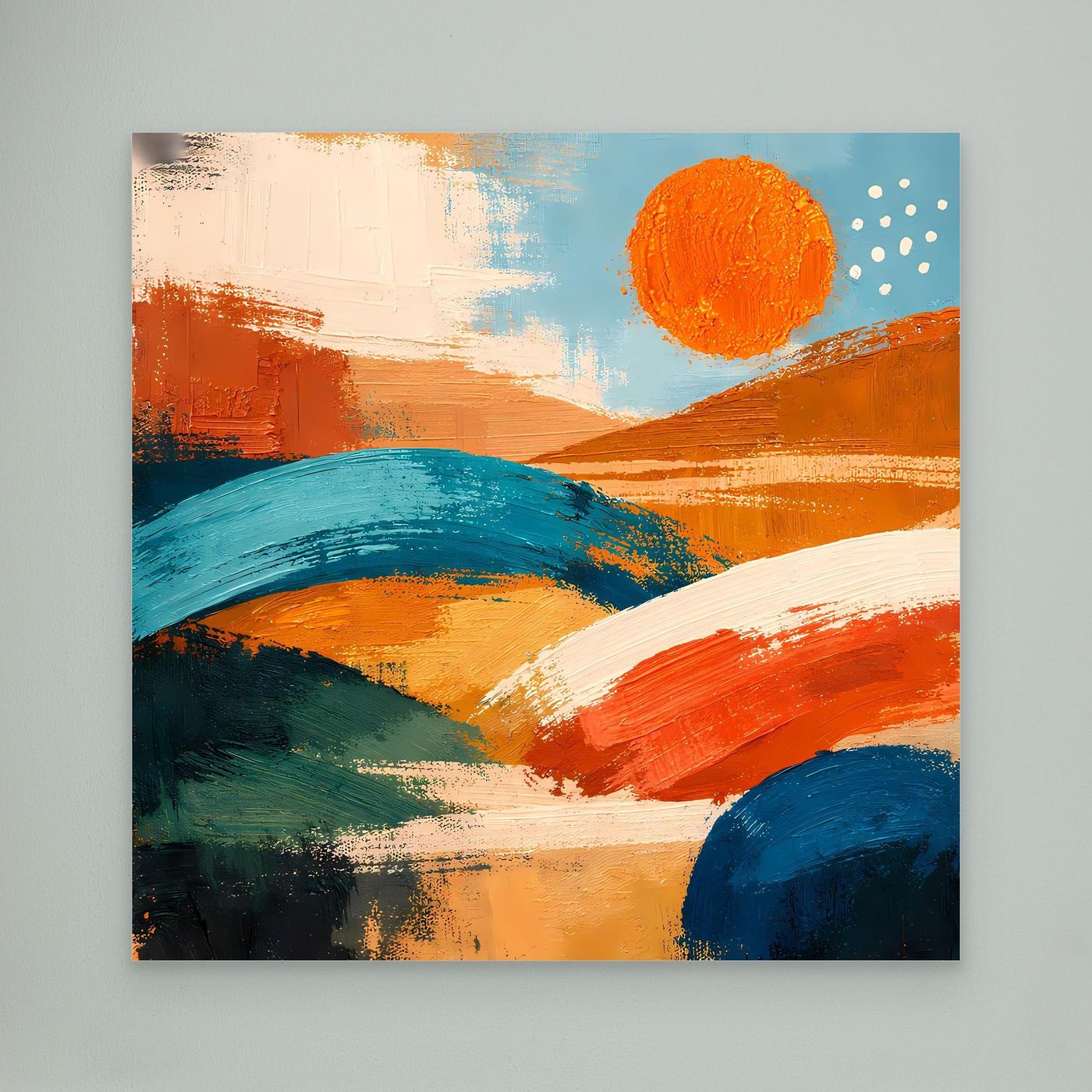 Unframed abstract landscape wall art: orange and blue hills with orange sun and dots