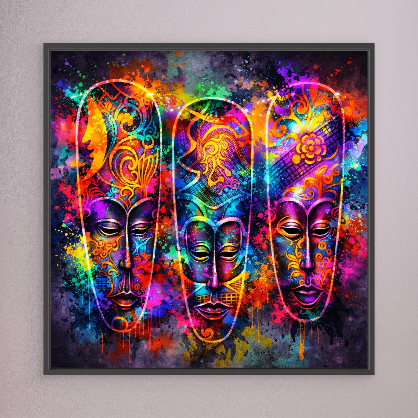 Leinwandbild mit drei farbigen Masken im Neon-Stil, dunkle Einfassung