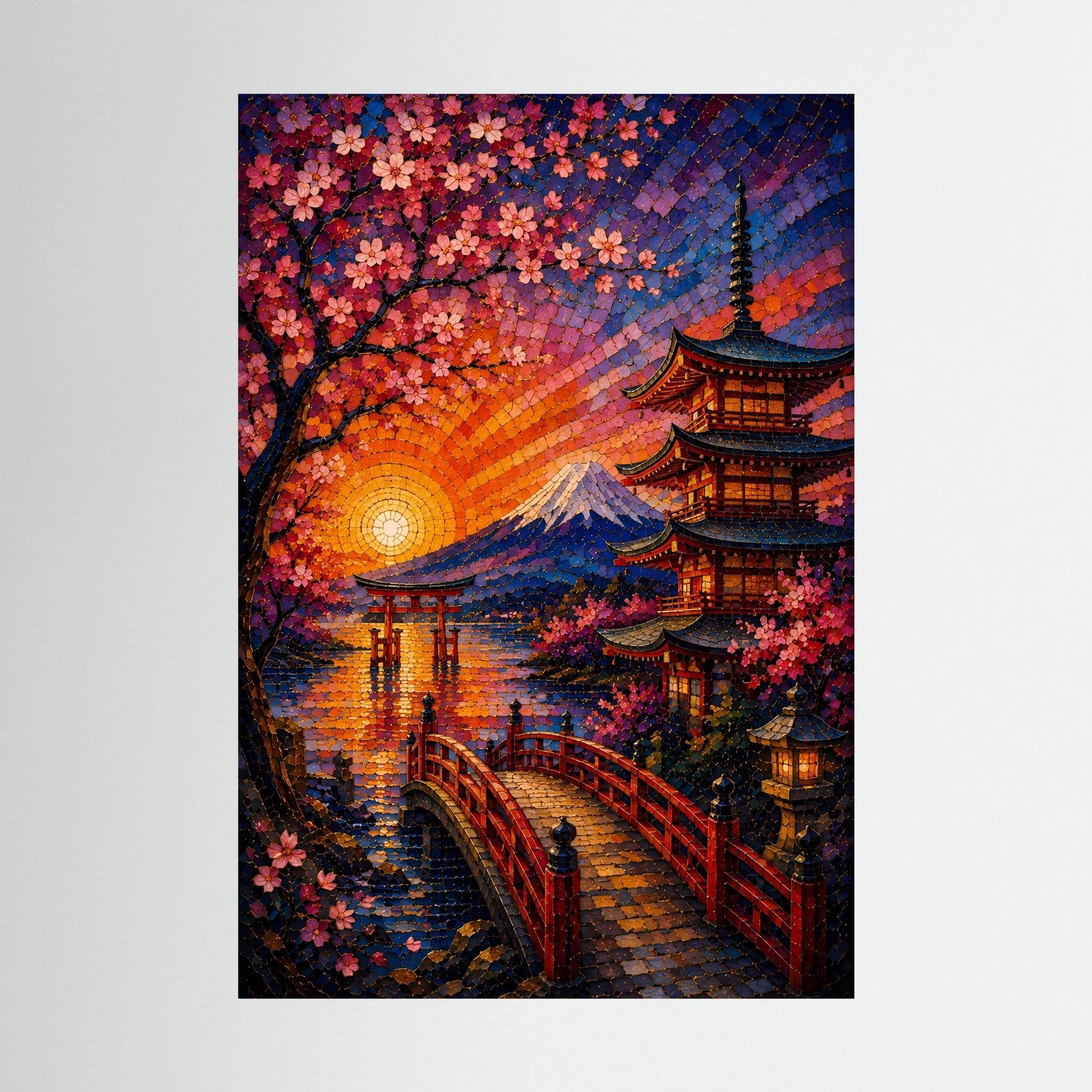 Hochformatposter ohne Rahmen mit Kirschblüten, Pagode und Fuji bei Sonnenuntergang