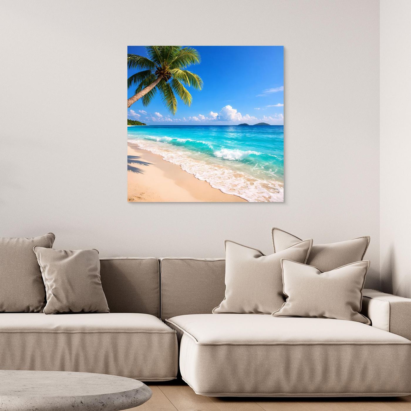 Leinwandbild Tropischer Strand mit Palme, türkisfarbenem Meer und hellem Sandstrand