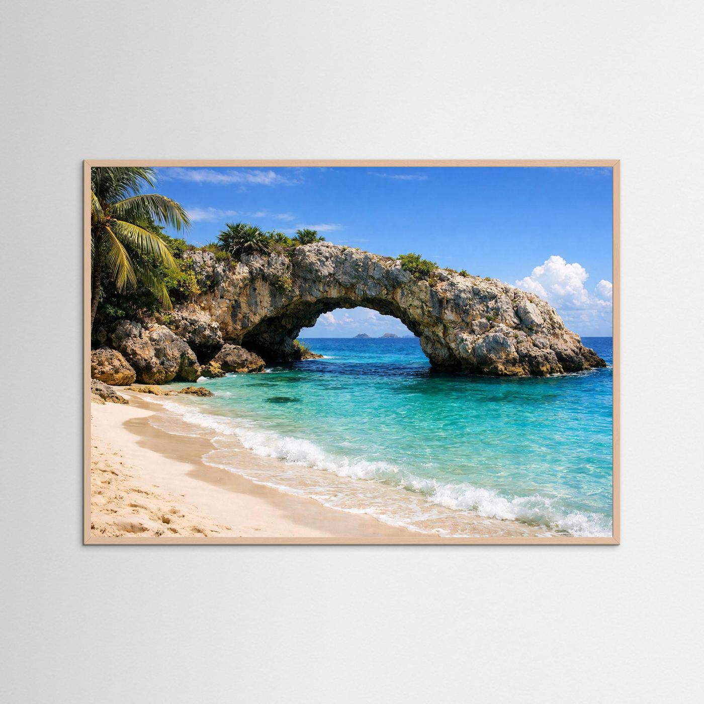 Naturposter Panorama-Querformat mit Felsentor über türkisfarbenem Wasser, rosé Holzrahmen