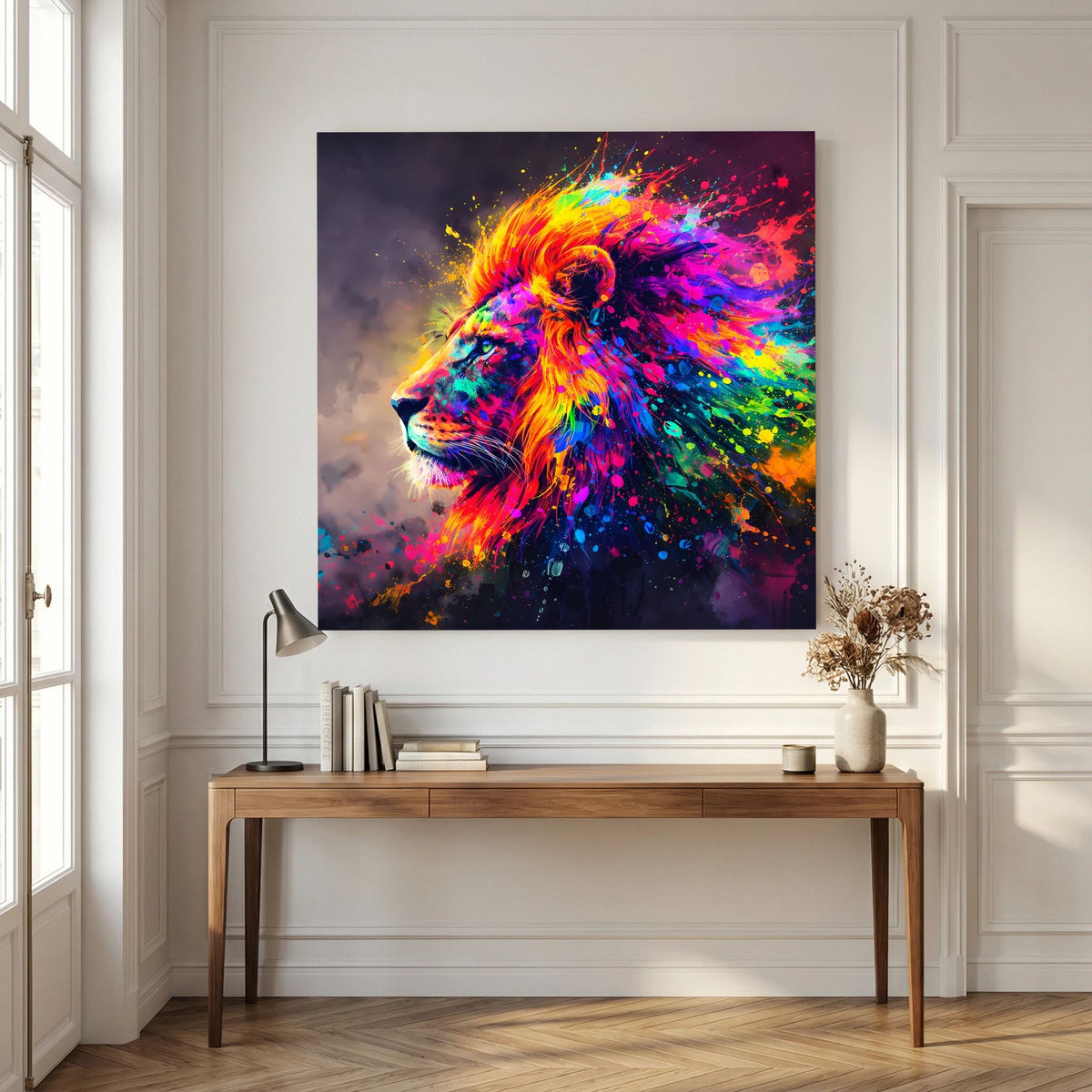 Quadratisches Leinwandbild auf Keilrahmen: Löwe im Seitenprofil mit Neonfarben-Sprühpunkten.
