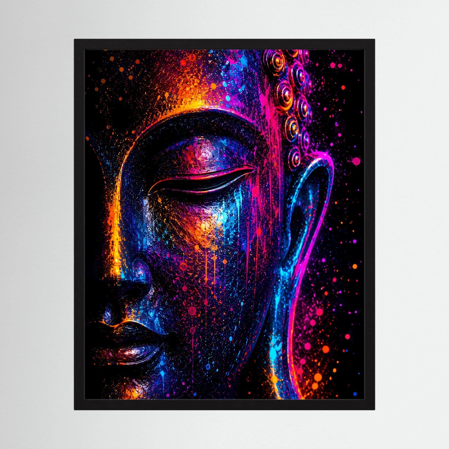 Kunstposter mit abstraktem Buddha-Gesicht in Neonfarben, schmaler schwarzer Rahmen