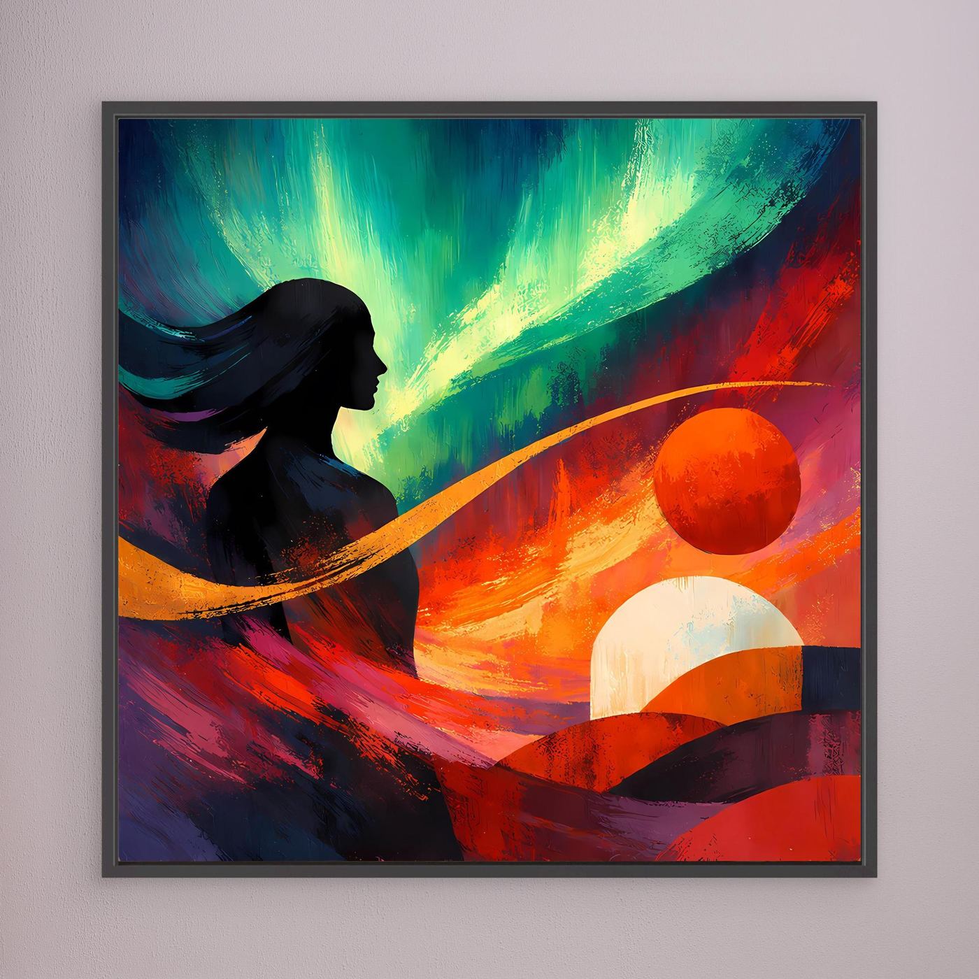 Quadratisches Leinwandbild mit abstraktem Polarlicht, schwarzer Silhouette und Kreisen, schwarzer Rahmen.
