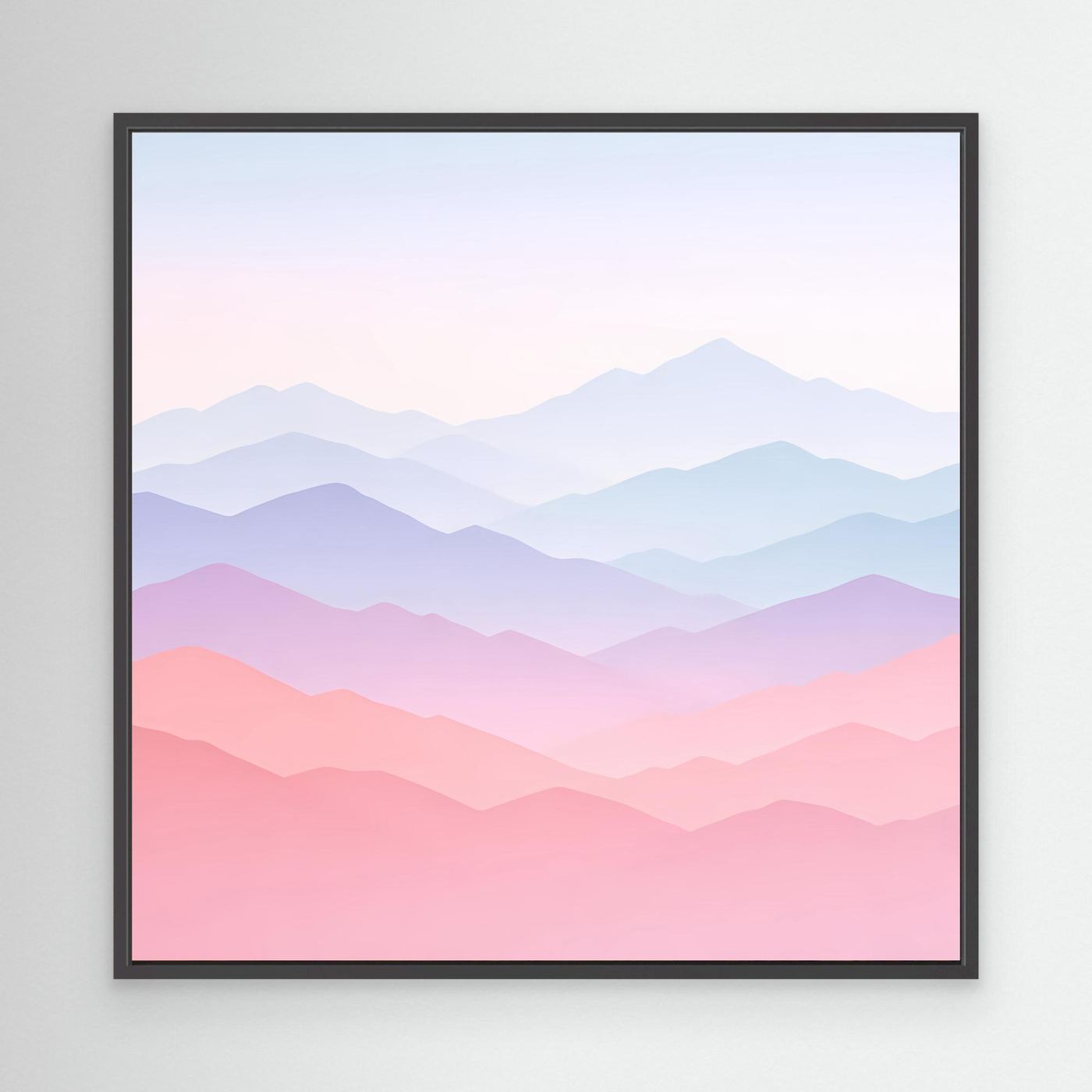 Leinwandbild Berglandschaft Pastellrosa und Blau mit schwarzem Rahmen, minimalistisch