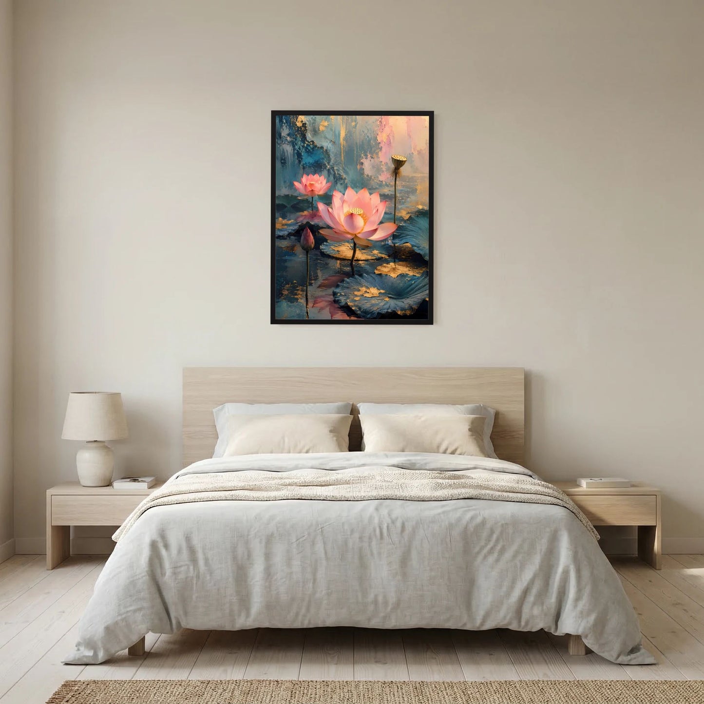 Hochformat-Poster: rosa Lotusblüten auf petrolfarbenem Wasser mit goldenen Akzenten, schwarz gerahmt