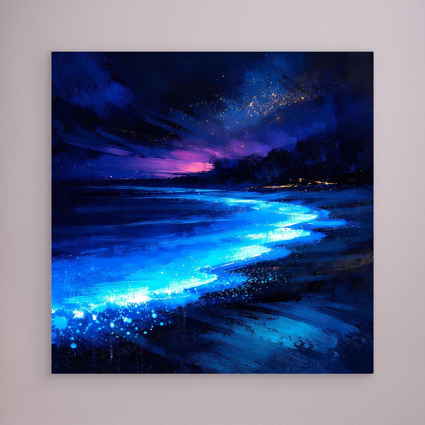 Leinwand Biolumineszierender Strand bei Nacht | Magische Wandkunst auf echter Leinwand