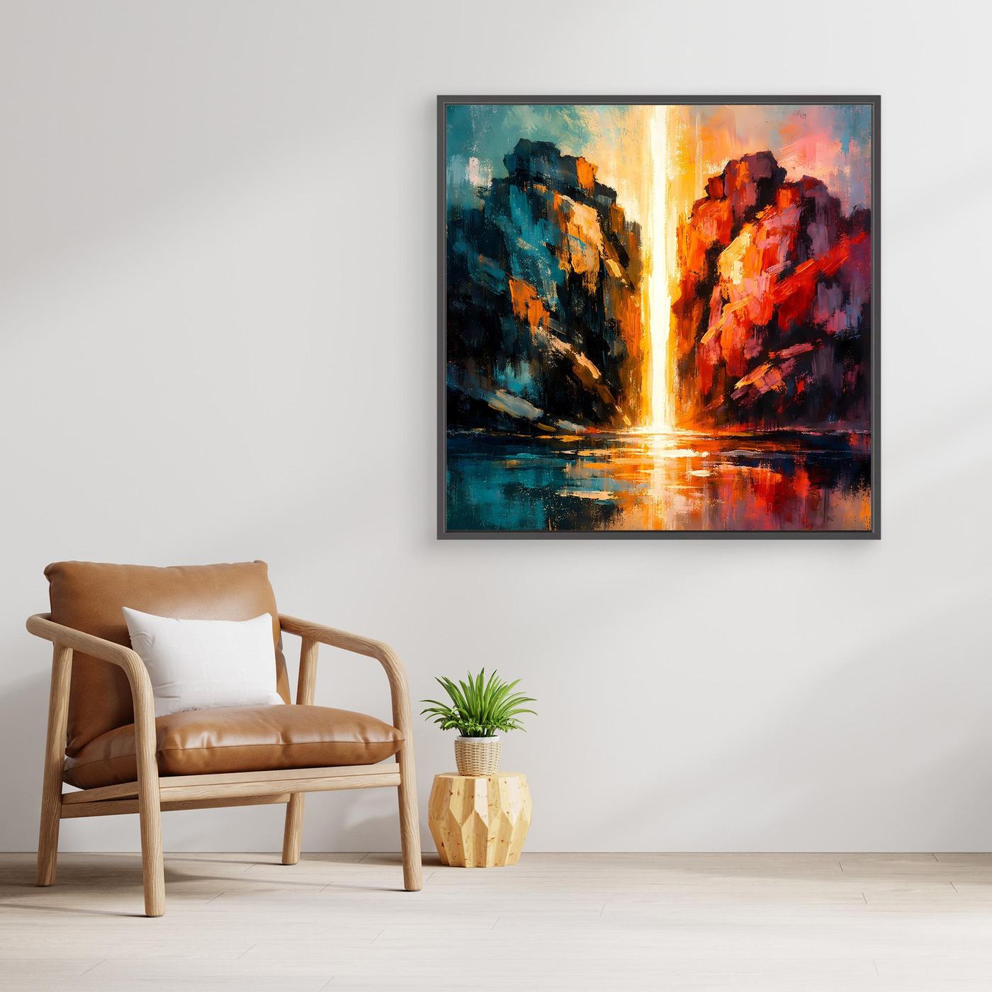 Premium Leinwand Magischer Lichtwasserfall im Canyon | Abstraktes Natur Wandbild farbenfroh