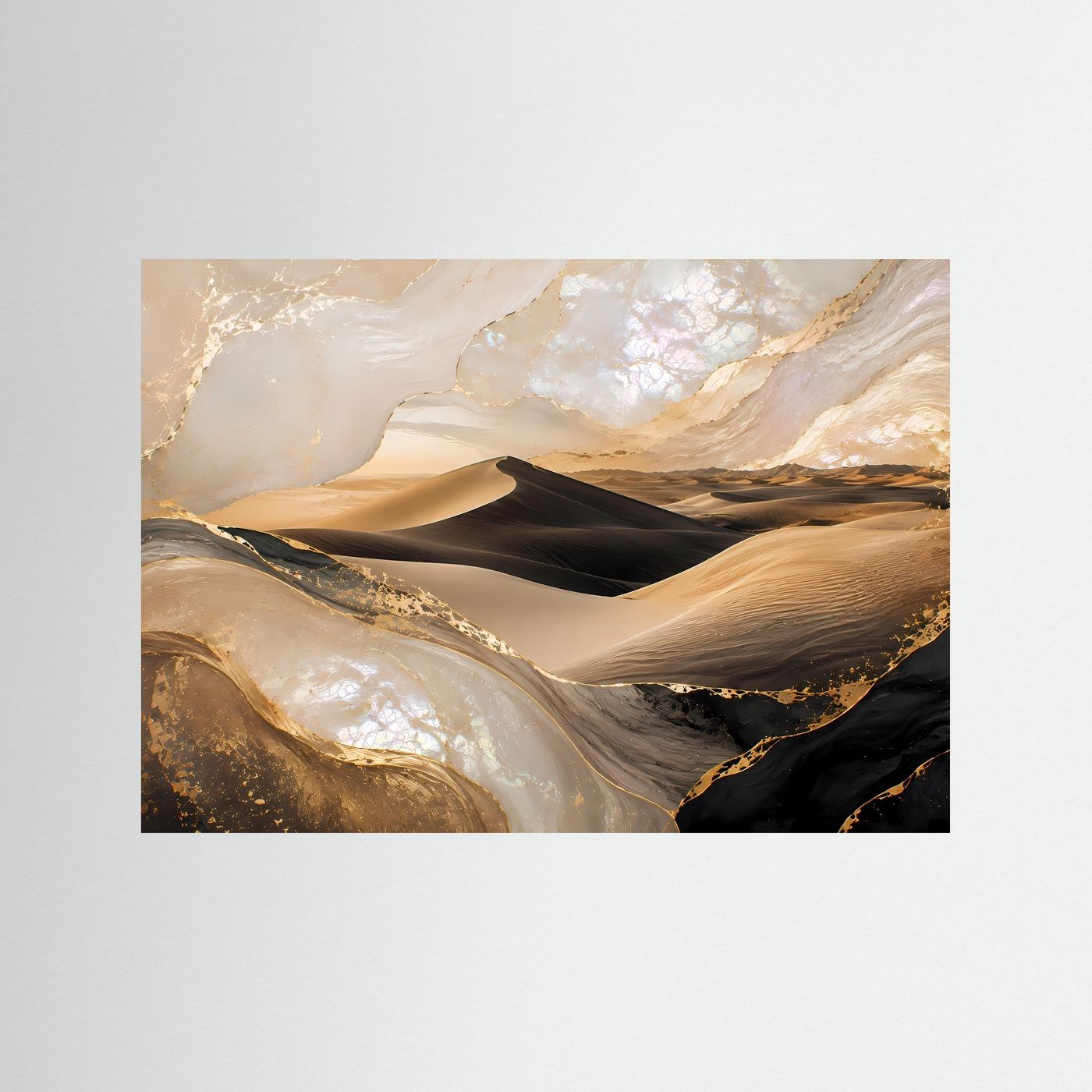 Querformat-Poster mit Wüstenlandschaft, Sanddünen in Beige und dunklem Schwarz, Goldakzenten