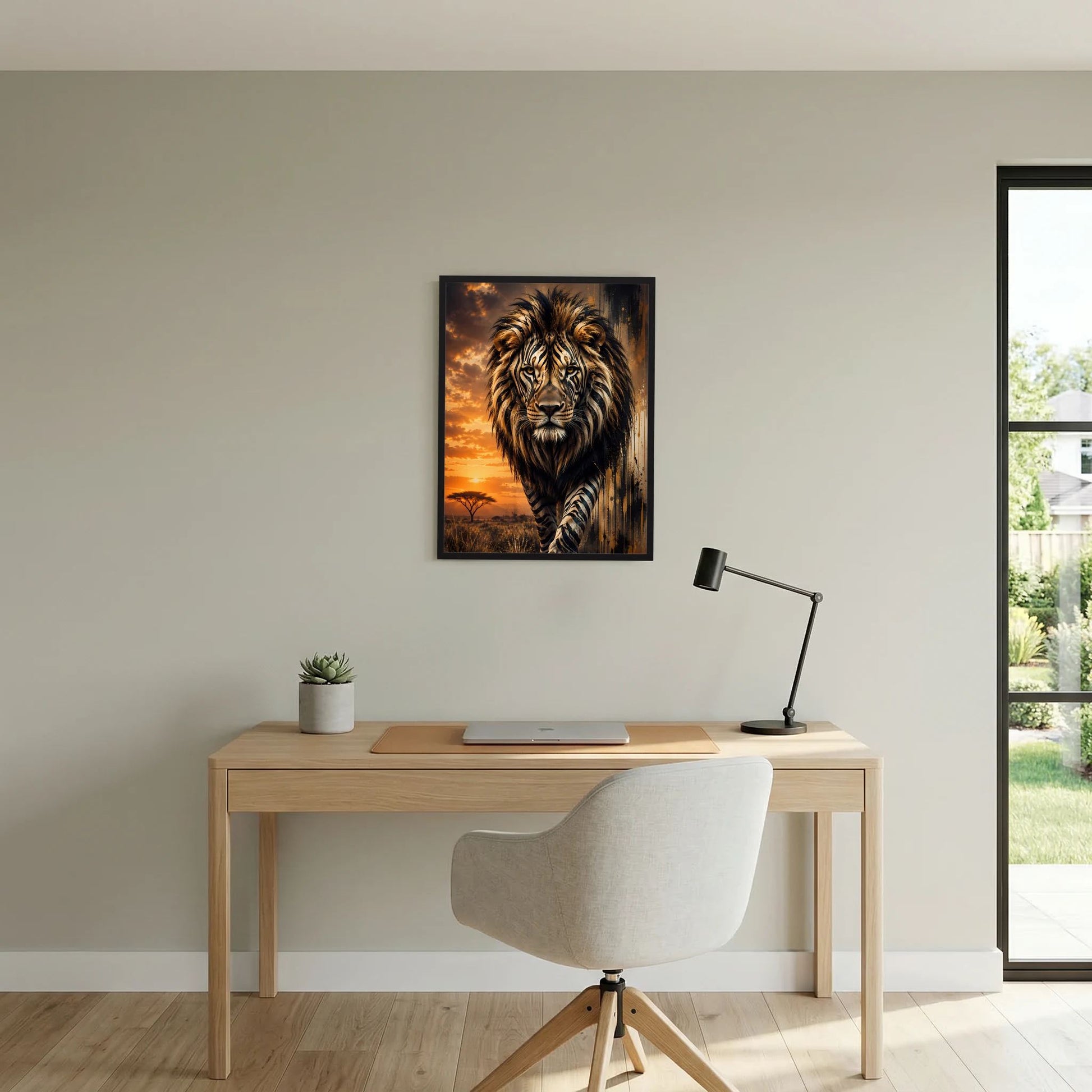Löwen-Poster mit Zebramuster im schwarzen Rahmen, Löwe mittig über Savanne bei Dämmerung.